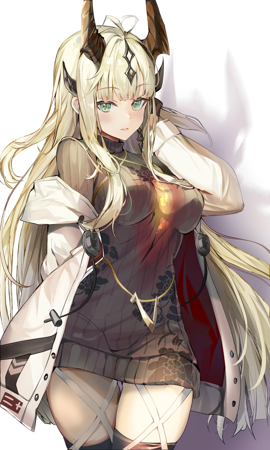 a_(sofi3103), arknights, horns, reed_(arknights), stockings, sweater, thighhighs