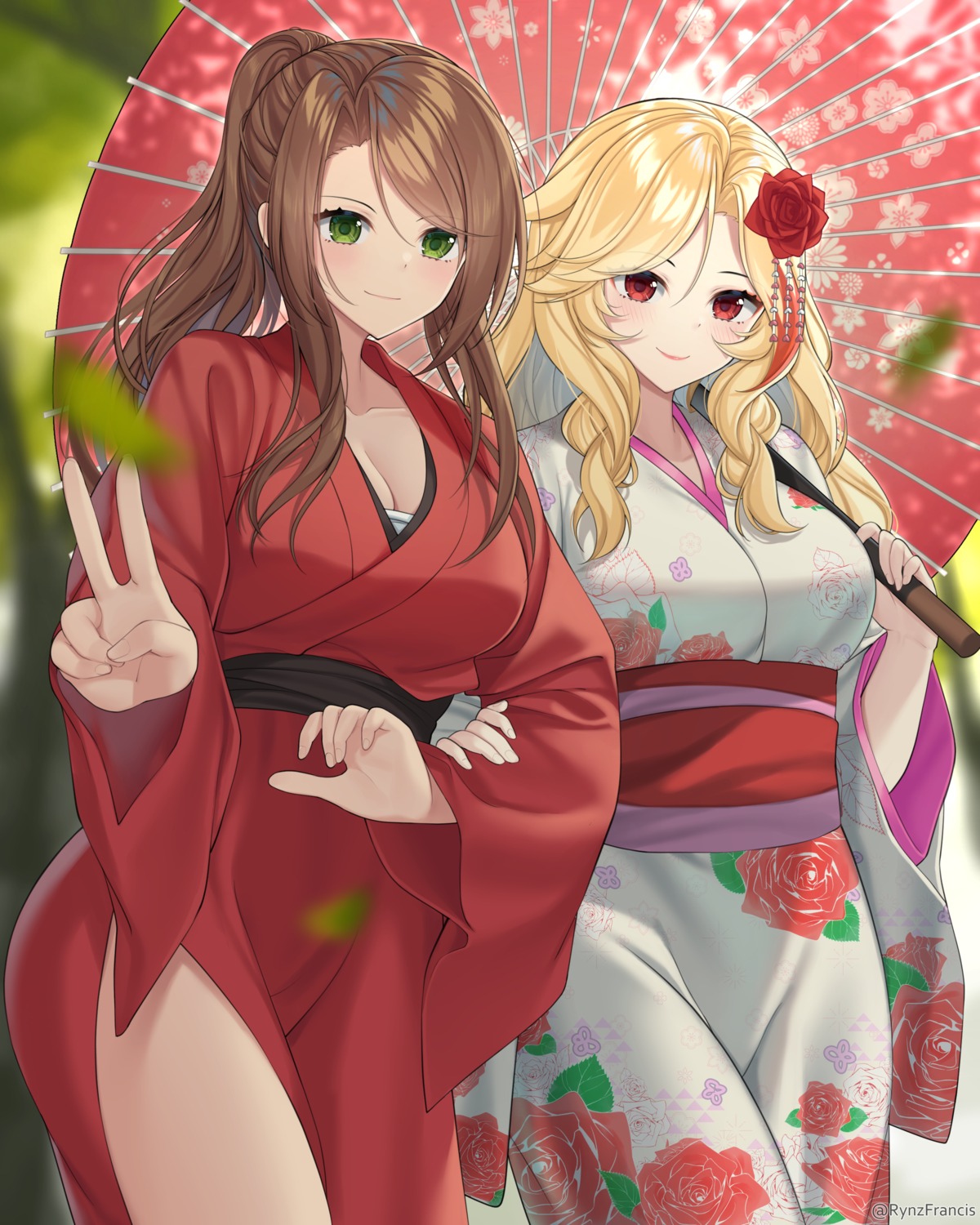 cleavage, girls_frontline, kimono, lee-enfield_(girls_frontline), rynzfrancis, umbrella
