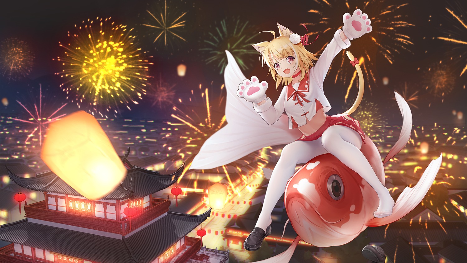 animal_ears, bigxixi, nekomimi, pantyhose, seifuku, tail, wallpaper