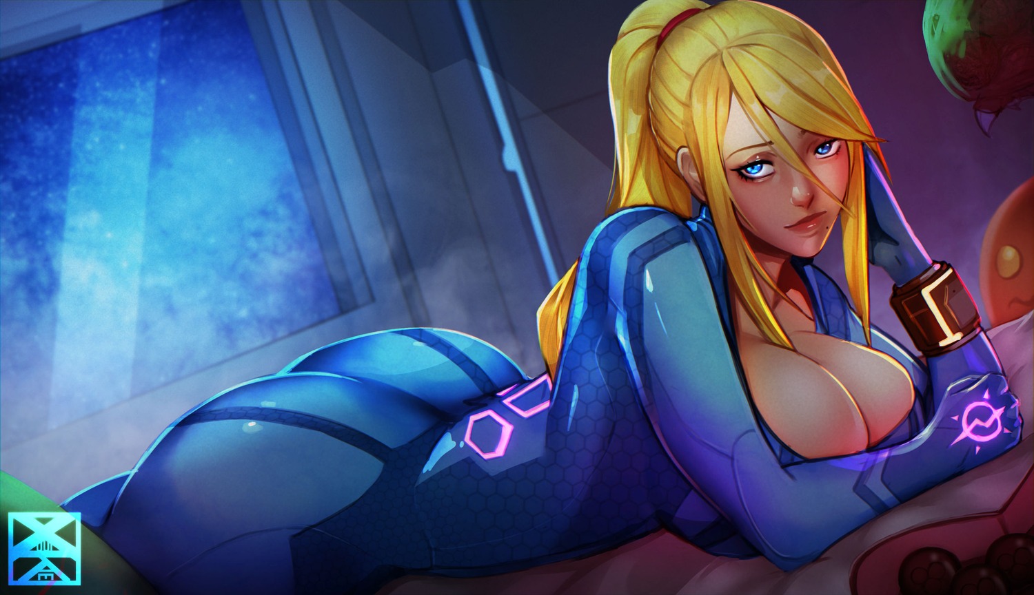 ass, bodysuit, metroid, metroid_(creature), no_bra, open_shirt, samus_aran, xuuikie_ashe