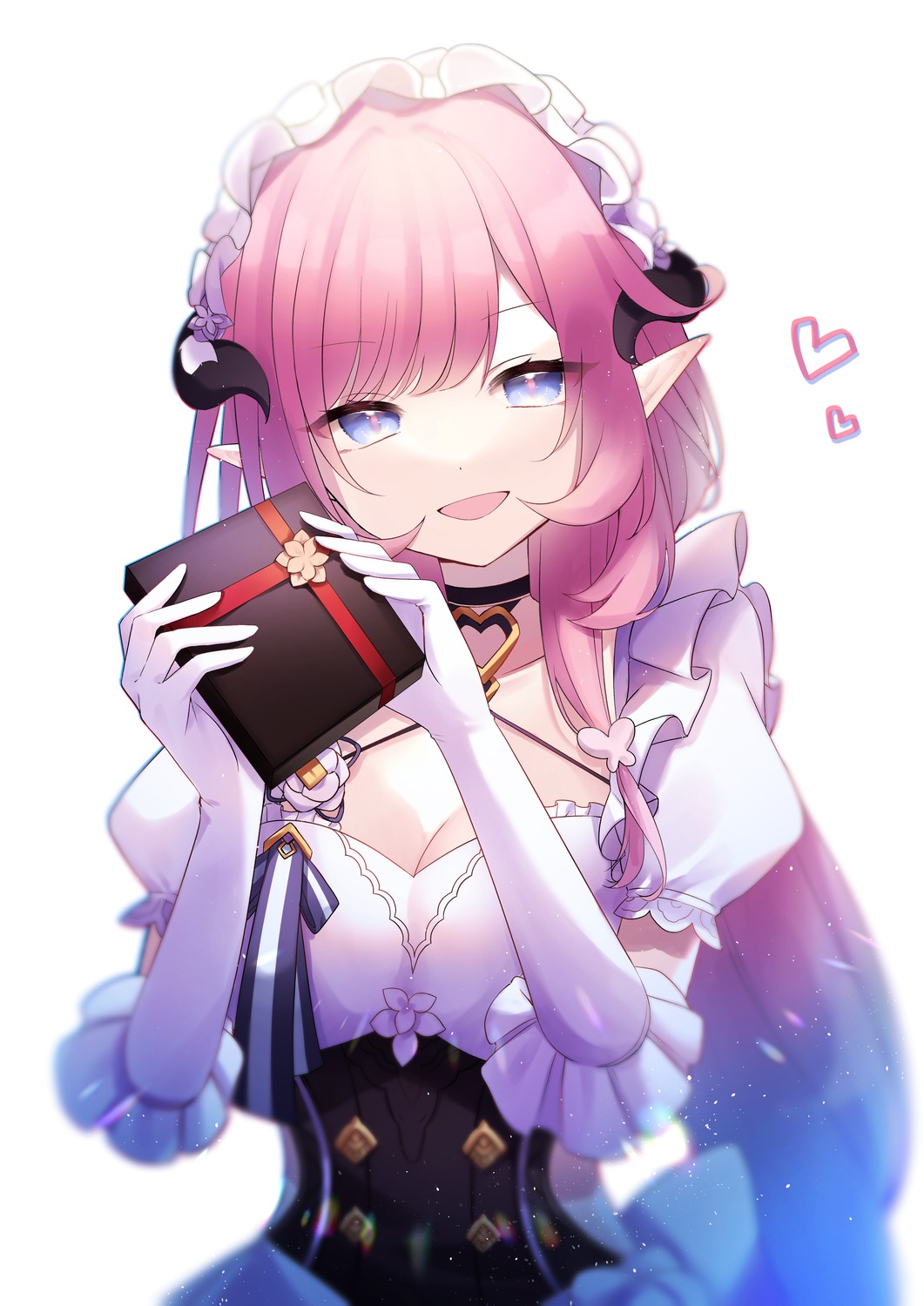 benghuai_xueyuan, cleavage, elysia_(honkai_impact), honkai_impact, horns, maid, pointy_ears, valentine, yukki_0125