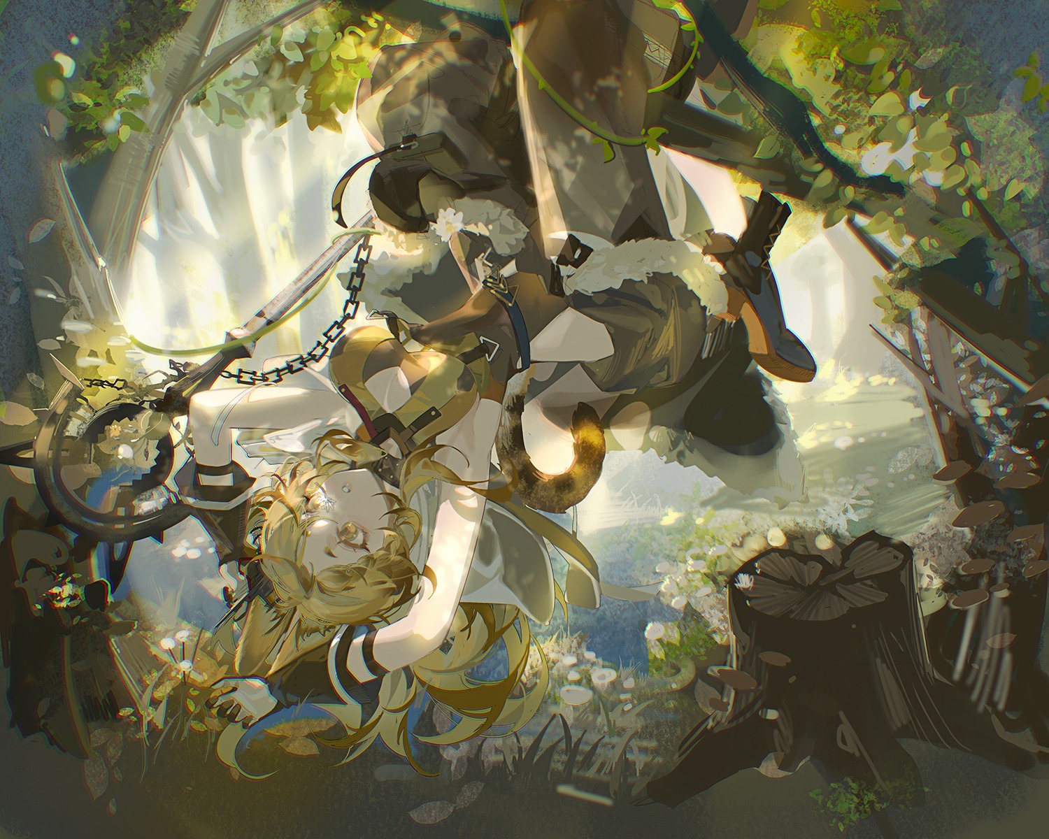 animal_ears, arknights, cleavage, quercus_(arknights), samo_(shichun_samo), tail, weapon