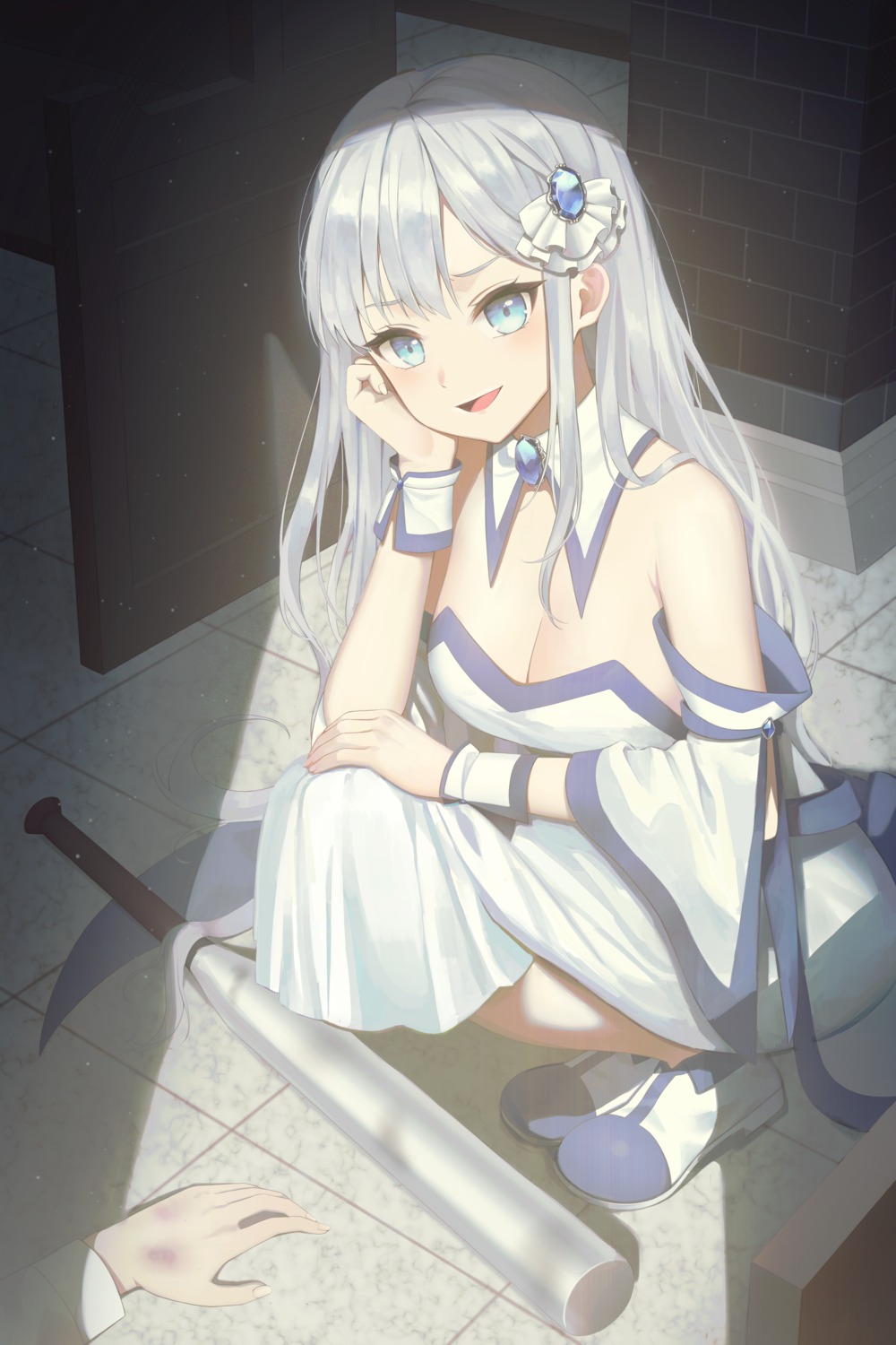 baseball, cleavage, dress, elf, emilia_(re_zero), pointy_ears, pul_(gks569), re:zero_kara_hajimeru_isekai_seikatsu