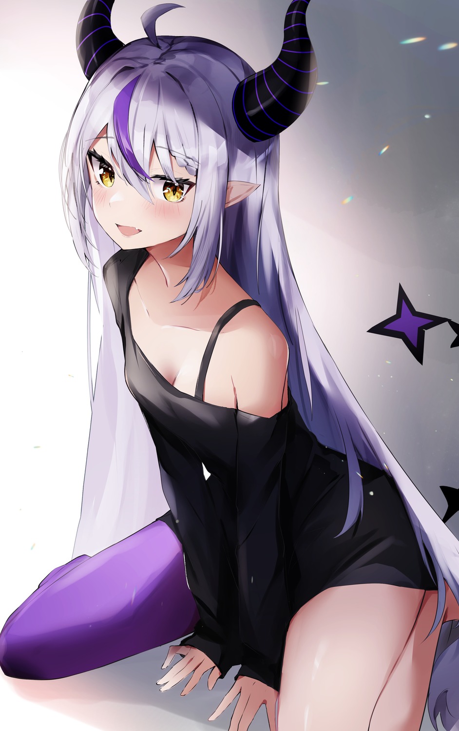 artist_revision, bra, dress, hololive, horns, la+_darknesss, nanashinayuzu_mochi, open_shirt