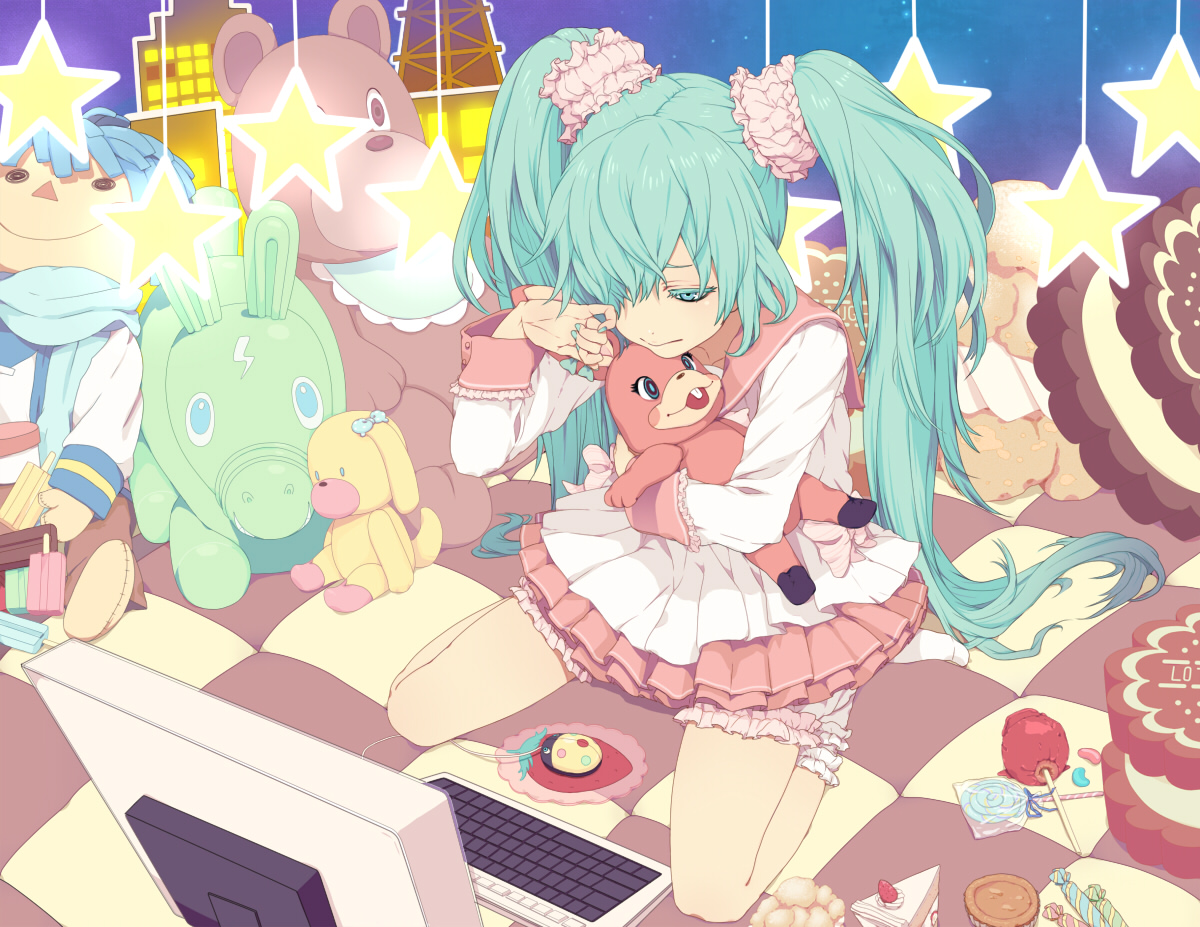 hatsune_miku, kaito, lots_of_laugh_(vocaloid), nayu, vocaloid
