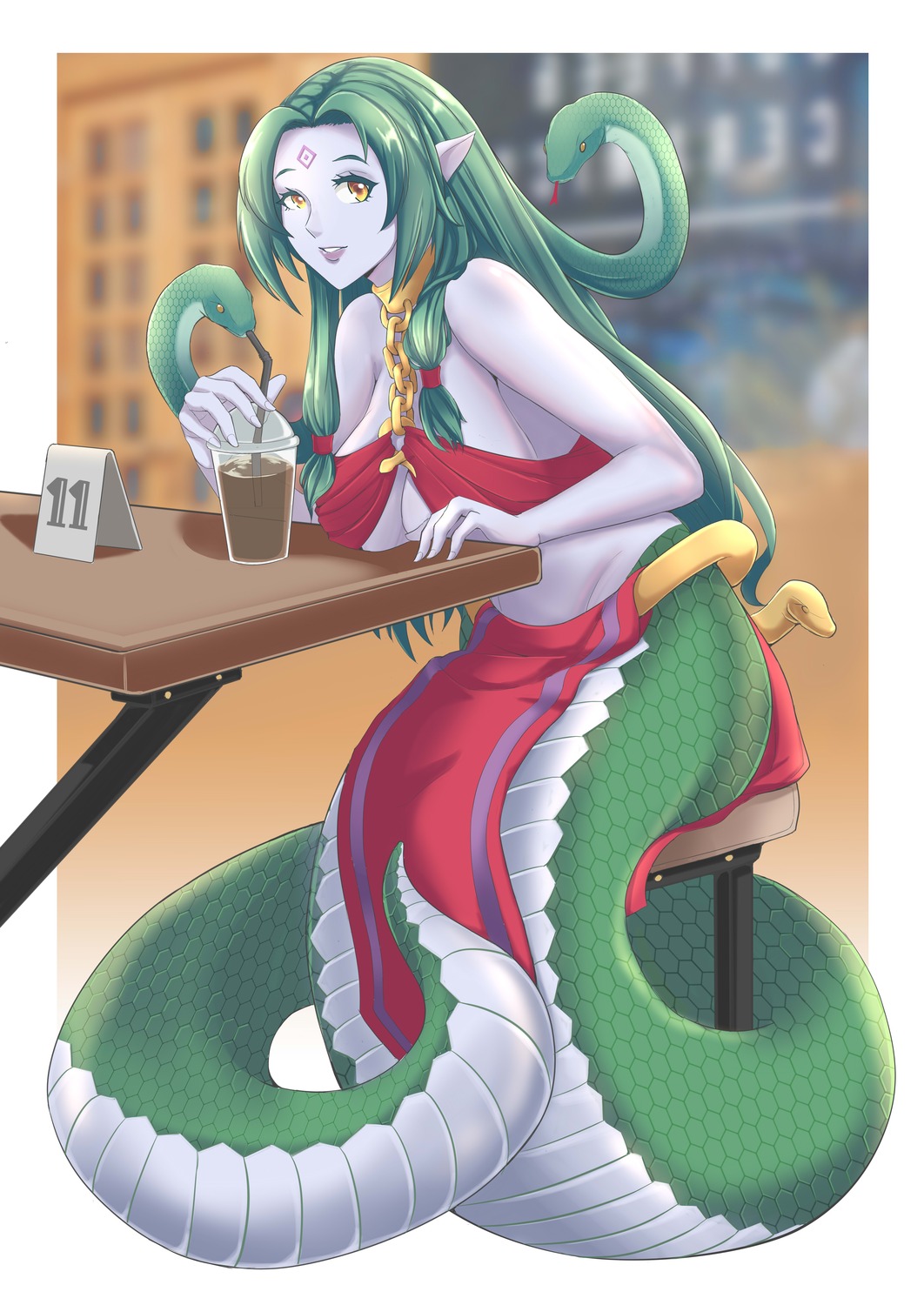 echinda_(monster_girl_encyclopedia), monster_girl, monster_girl_encyclopedia, no_bra, pointy_ears, rewoq, tail, tattoo