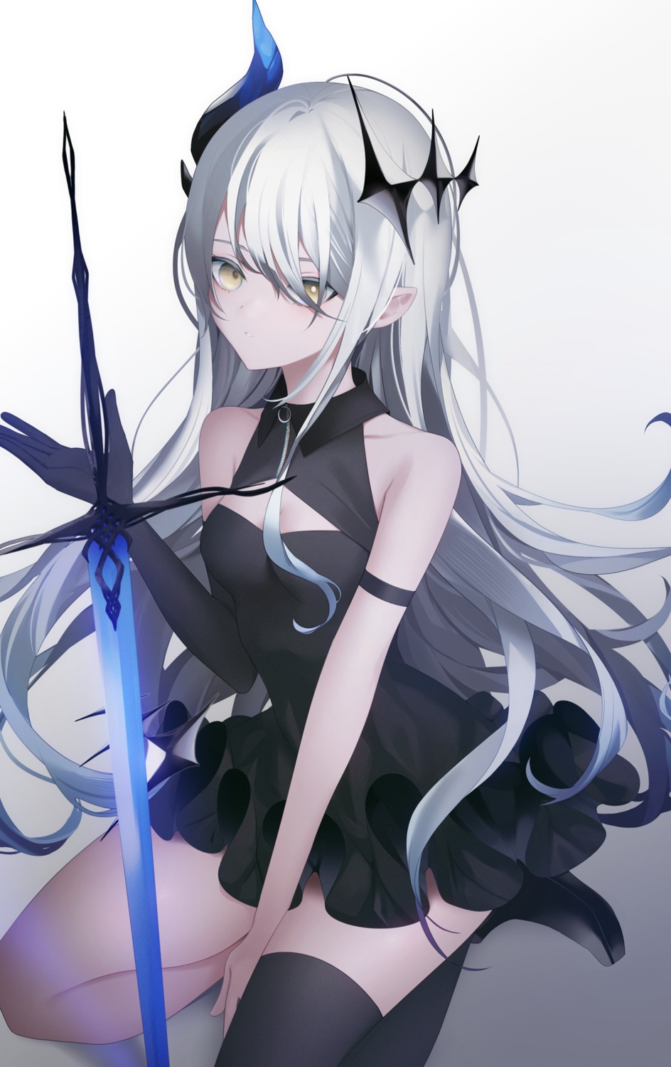 dress, horns, migihidari_(puwako), sword, thighhighs