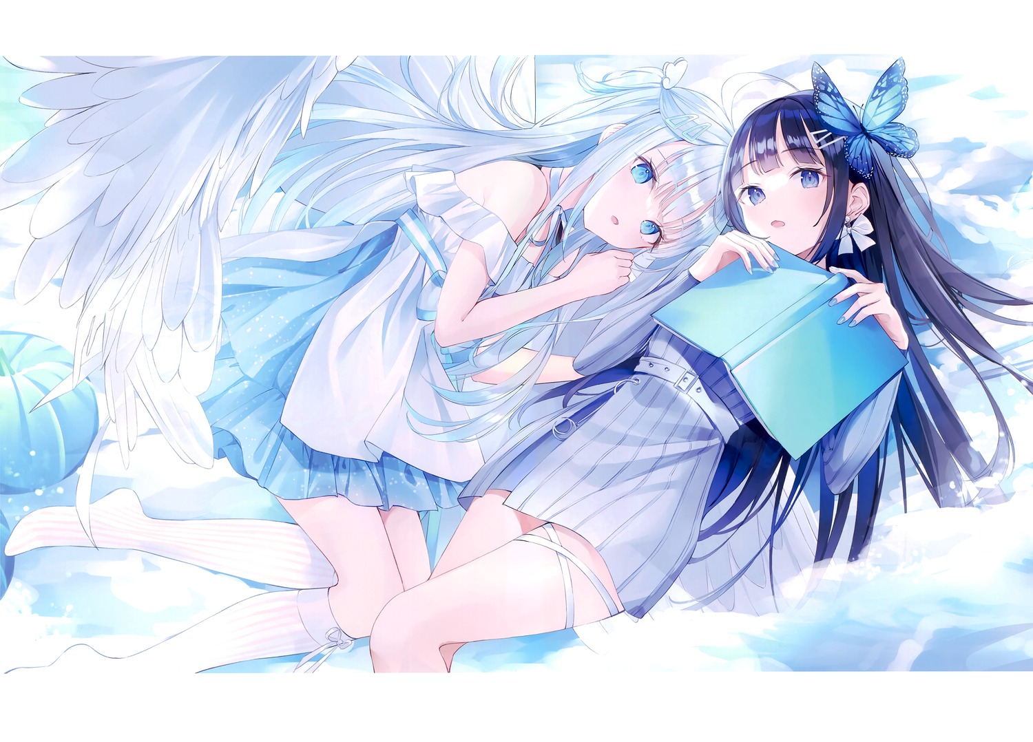 amatsuka_uto, crossover, dress, garter, nabi_(uz02), nabi_(vtuber), nabi_ch., voice-ore, wings