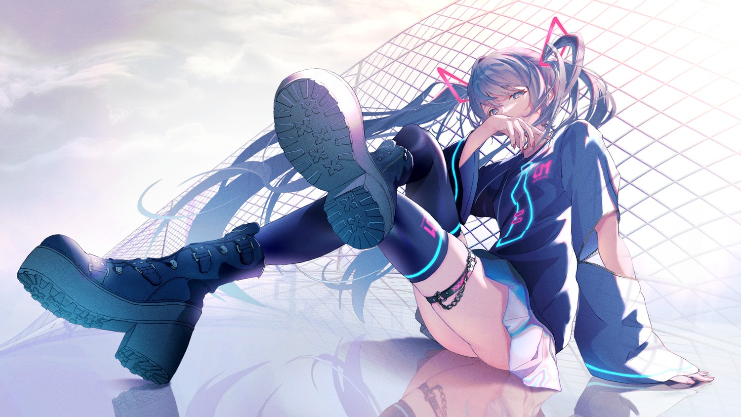 garter, hatsune_miku, kurohanesawa, skirt_lift, thighhighs, vocaloid