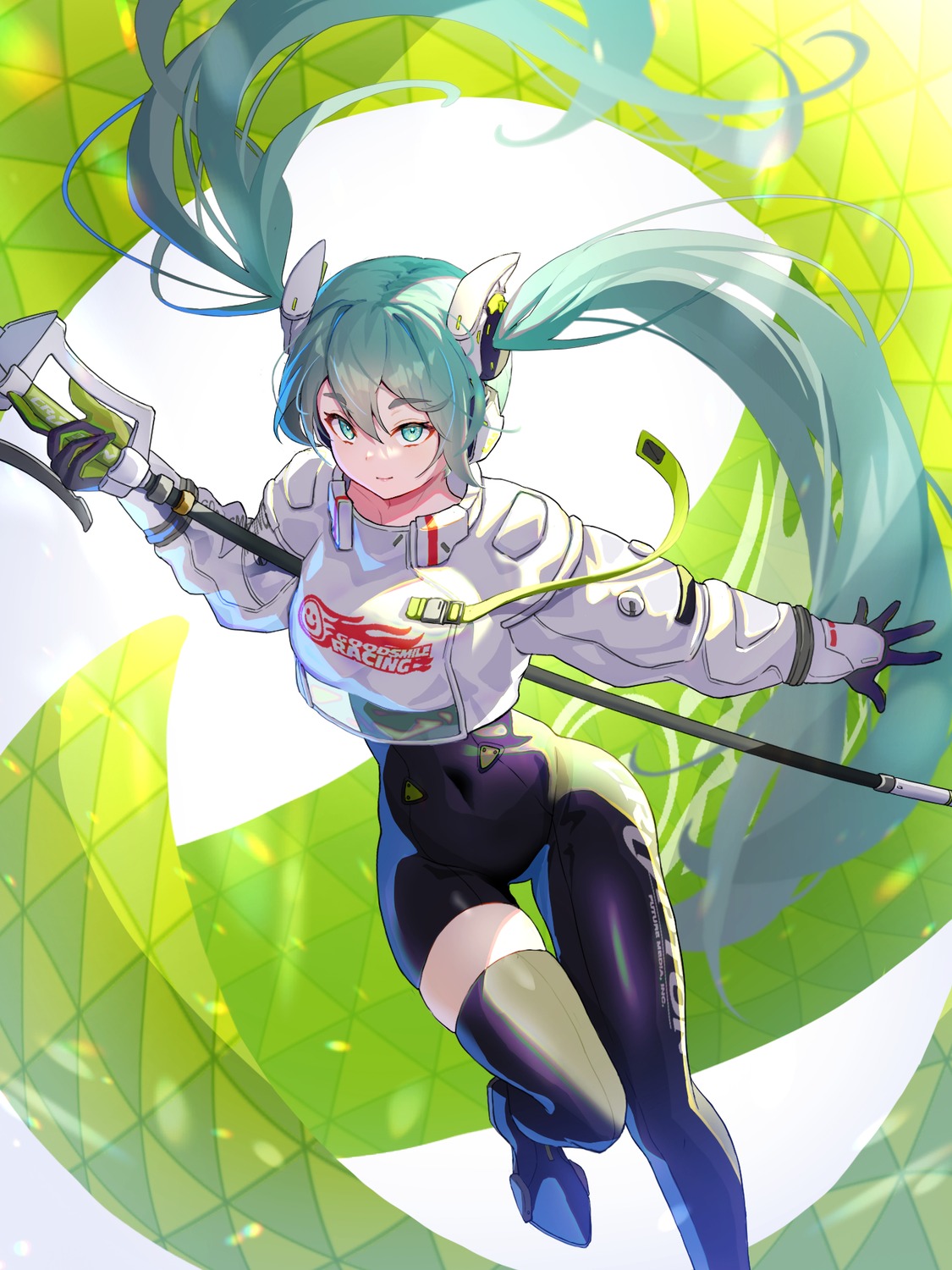 goodsmile_racing, hatsune_miku, headphones, kurohanesawa, racing_miku, thighhighs, vocaloid