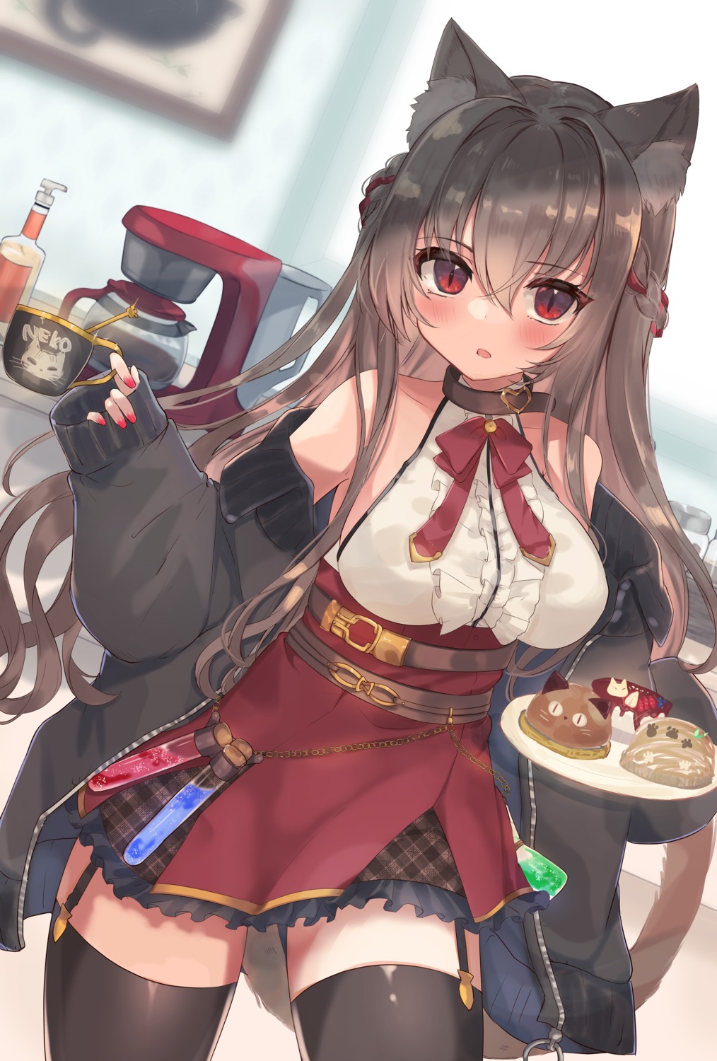 akahaneko, animal_ears, nekomimi, no_bra, stockings, tail, thighhighs