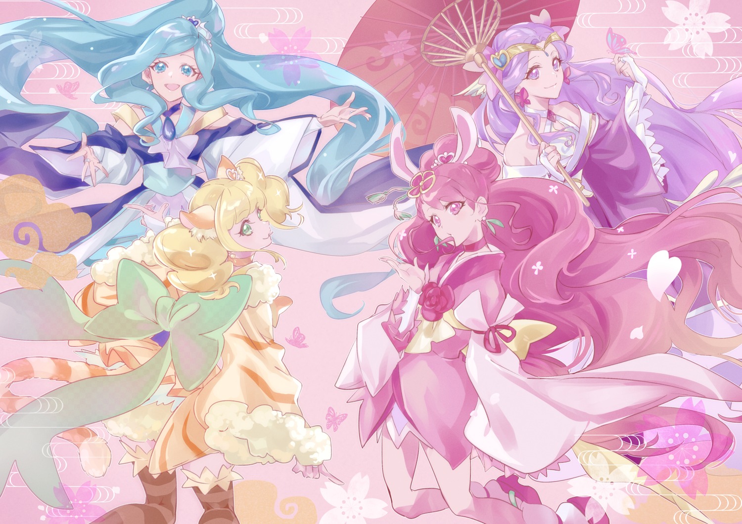 animal_ears, bunny_ears, fuurin_asumi, healin'_good_precure, hiramitsu_hinata, hoshina_hikaru, japanese_clothes, precure