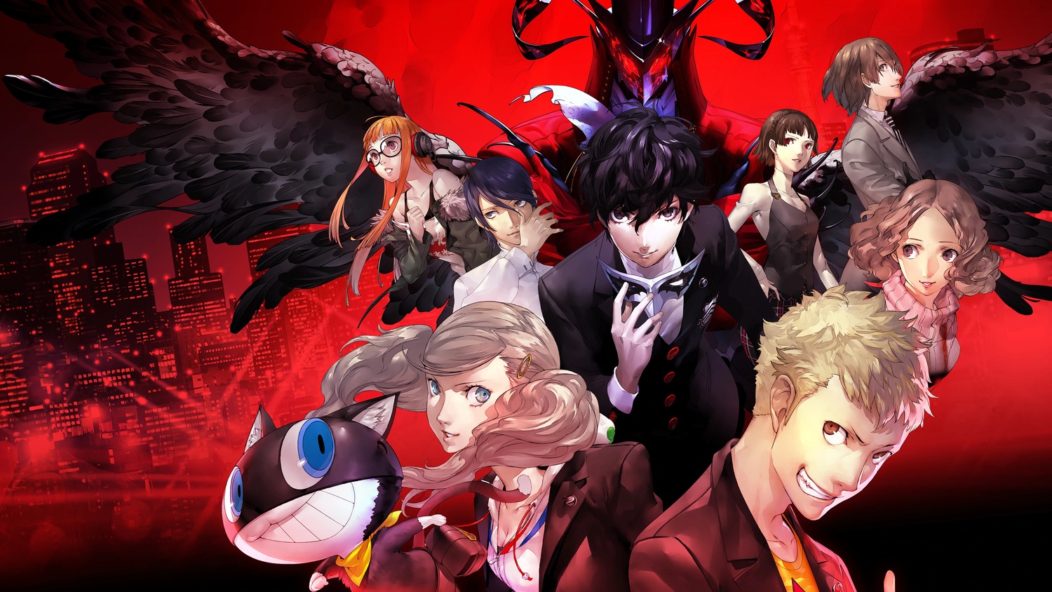 akechi_goro, amamiya_ren, arsene_(persona_5), cleavage, headphones, megane, morgana_(persona_5), niijima_makoto, no_bra, okumura_haru, persona_5, sakamoto_ryuuji, sakura_futaba, seifuku, soejima_shigenori, sweater, takamaki_anne