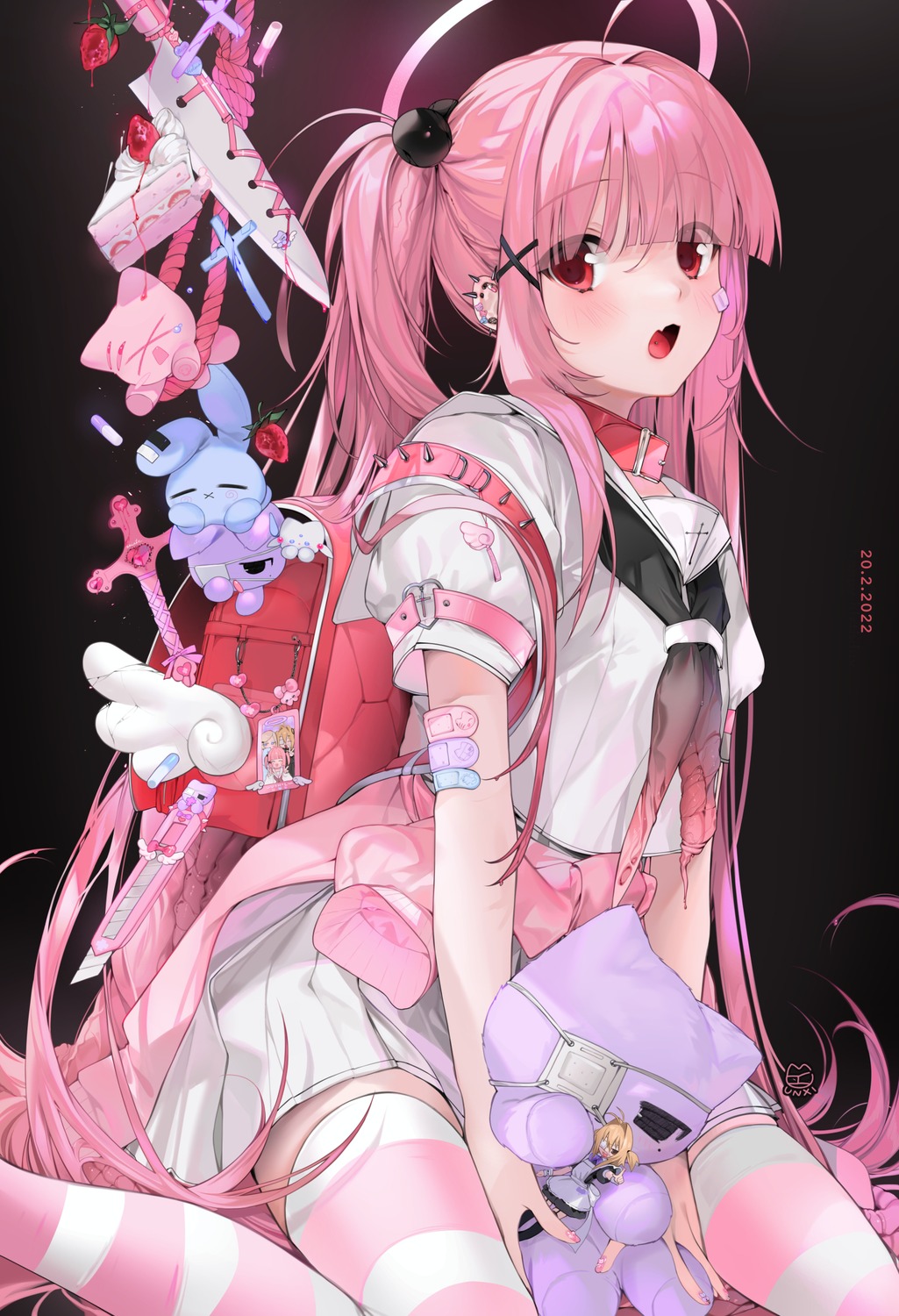 angel, bandaid, eyepatch, seifuku, sweater, thighhighs, unxi, veinte_(unxi), weapon