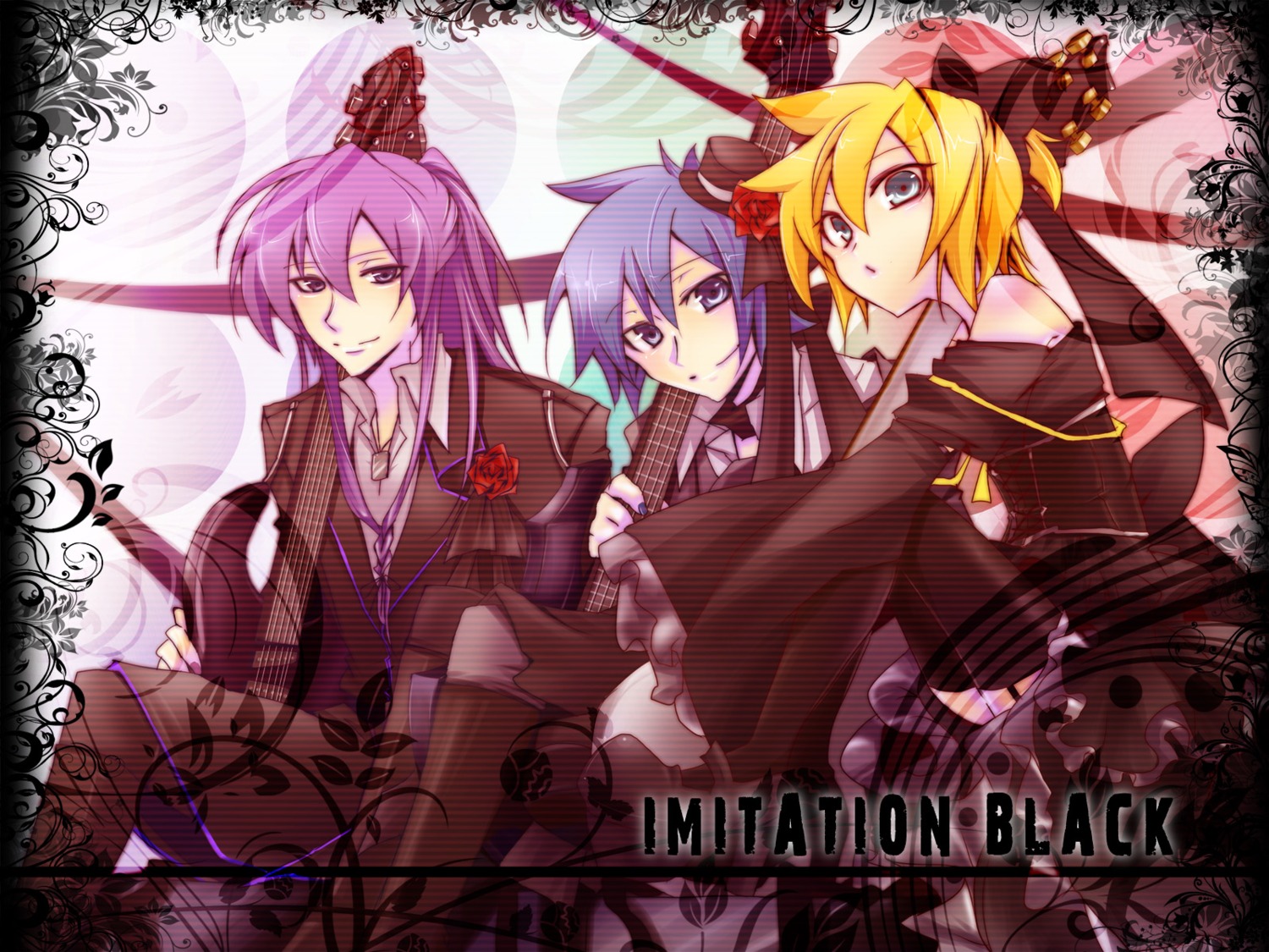 crossdress, guitar, haru_aki, imitation_black_(vocaloid), kagamine_len, kaito, kamui_gakupo, male