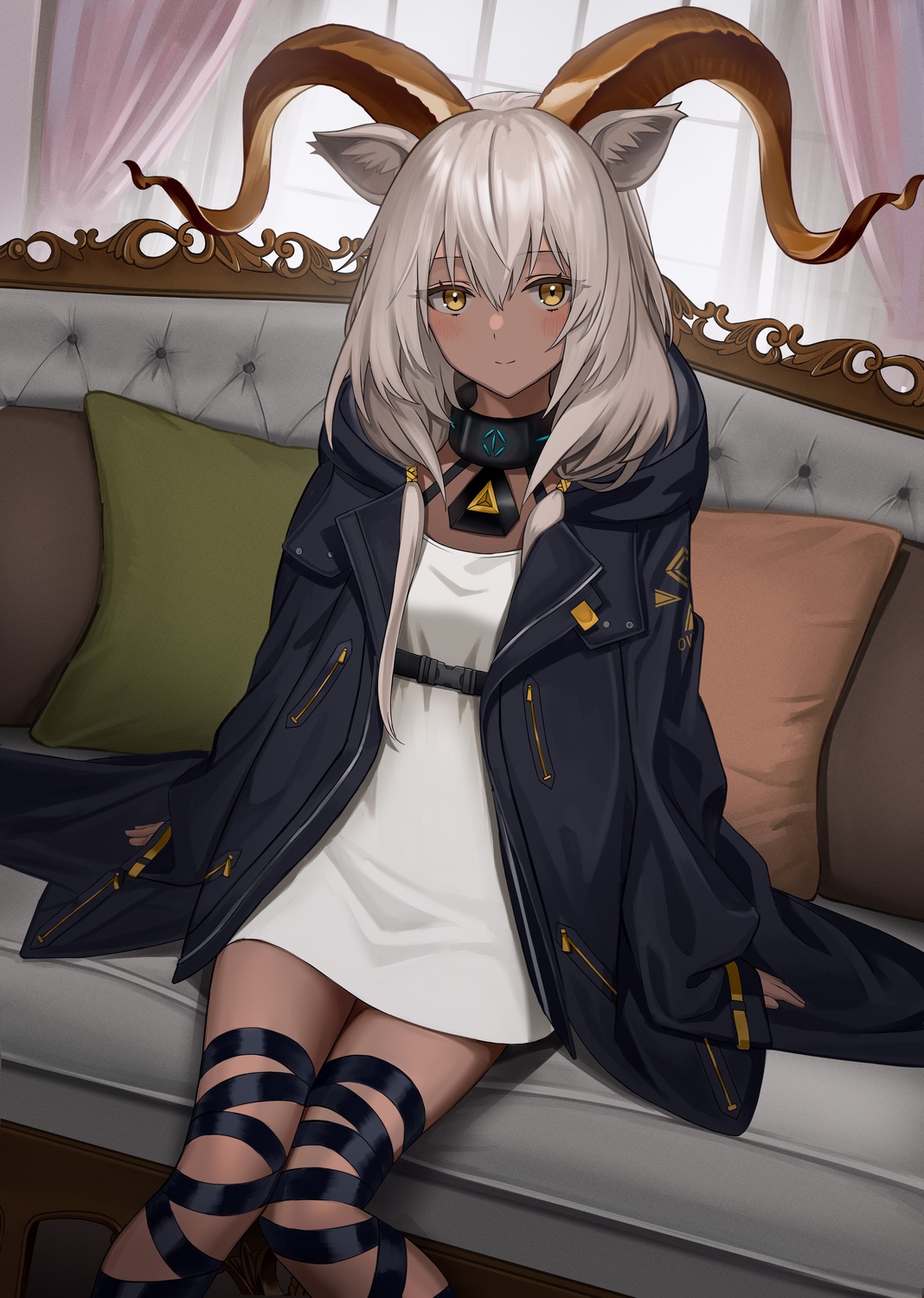 animal_ears, arknights, beeswax_(arknights), dress, garter, horns, kit