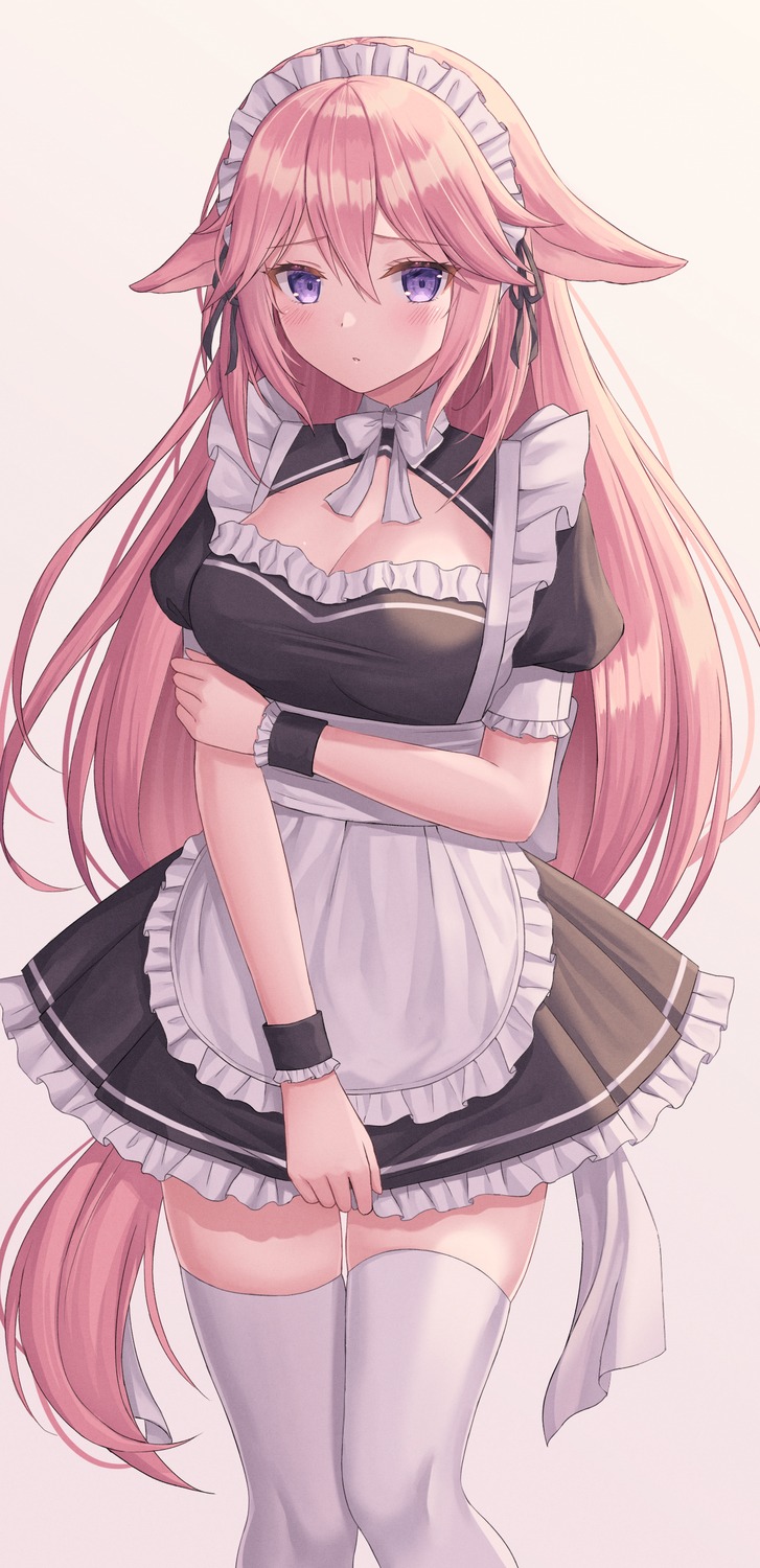 animal_ears, cleavage, genshin_impact, kitsune, maid, seungju_lee, thighhighs, yae_miko