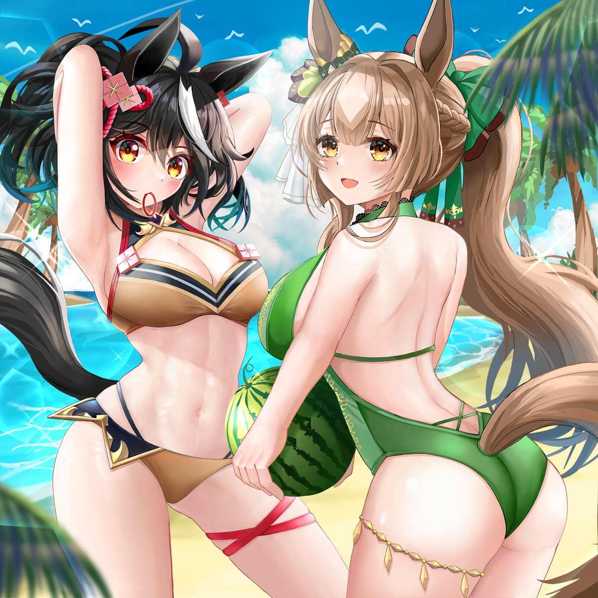animal_ears, ass, bikini, garter, kitasan_black_(umamusume), ryuryu_mt, satono_diamond_(umamusume), swimsuits, tail, uma_musume_pretty_derby