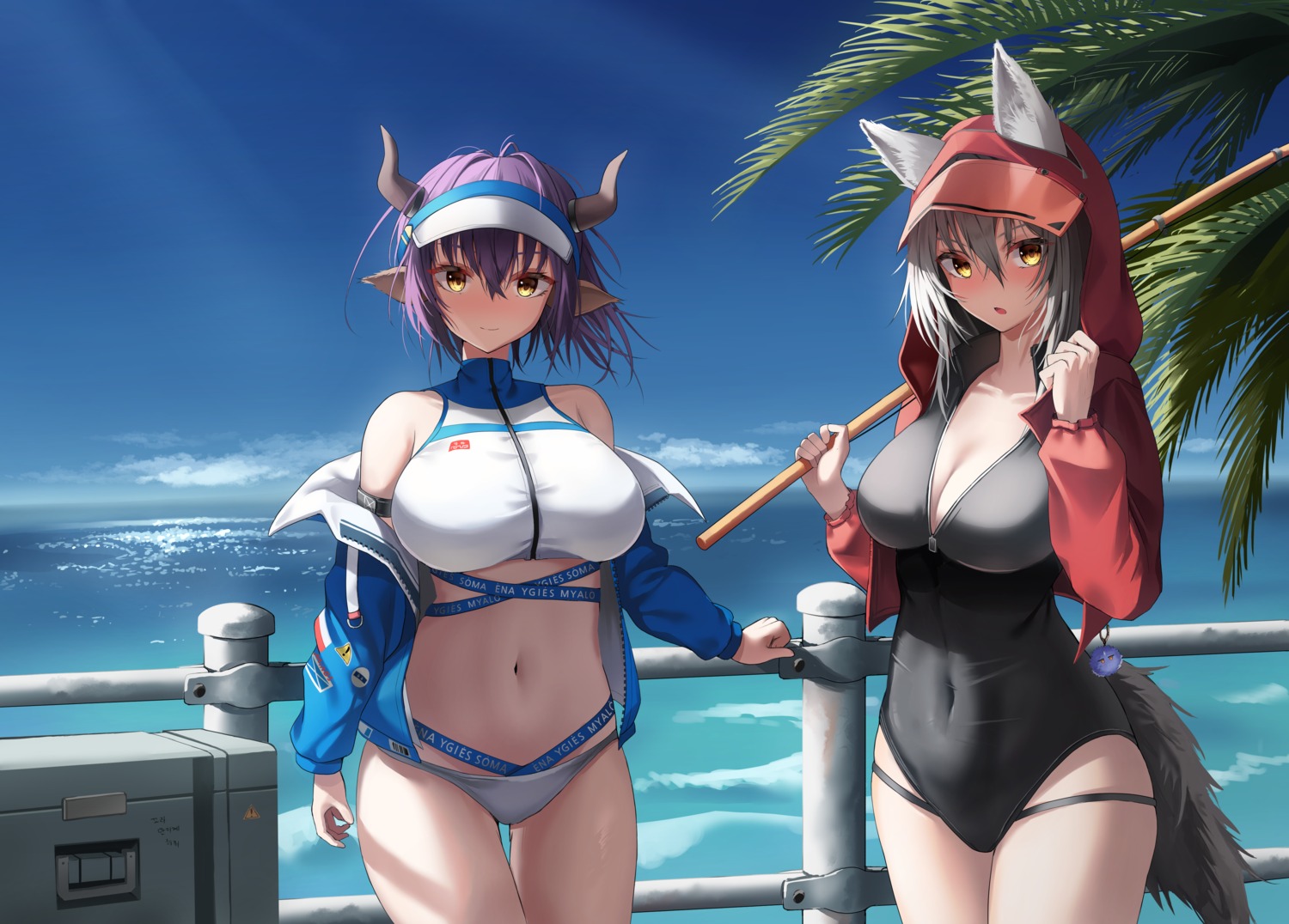 animal_ears, arknights, bikini, chun_bae, cleavage, horns, open_shirt, projekt_red_(arknights), sideroca_(arknights), swimsuits, tail