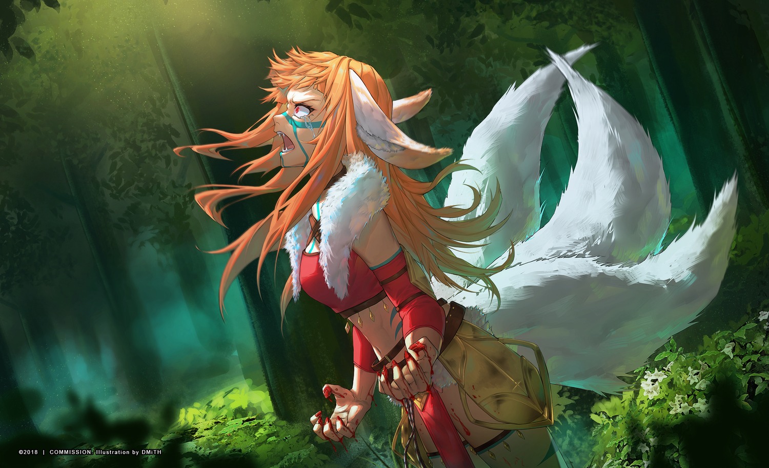 animal_ears, blood, dmith, garter, kitsune, tail, tattoo