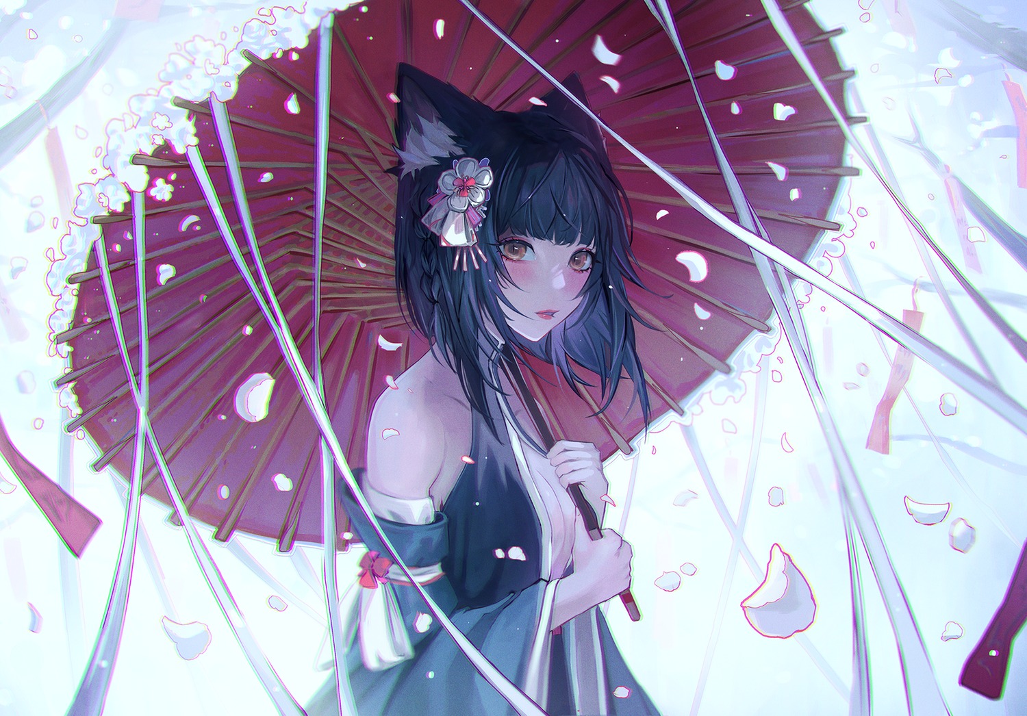 animal_ears, cleavage, gweni, japanese_clothes, nekomimi, no_bra, open_shirt, umbrella