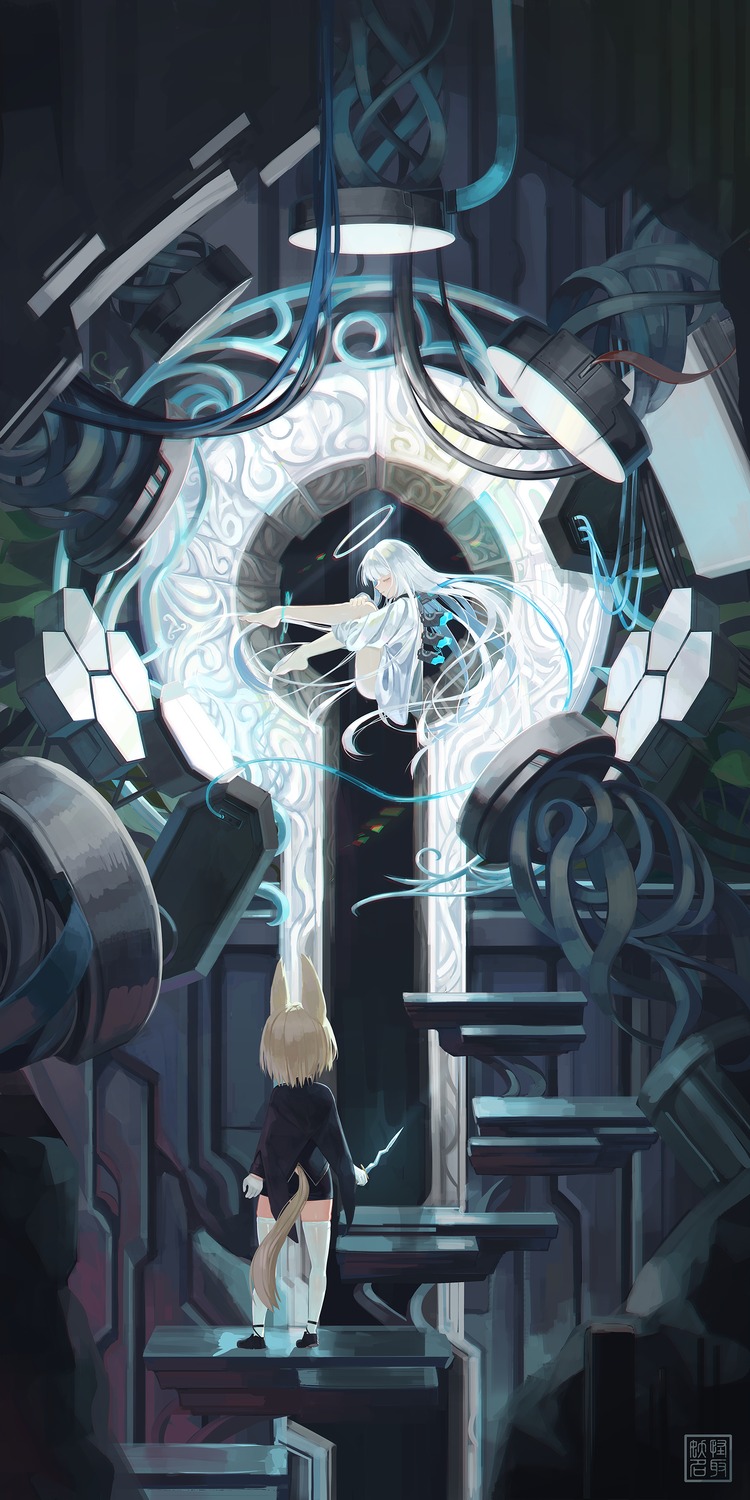 angel, animal_ears, natori_youkai, tail, thighhighs, weapon
