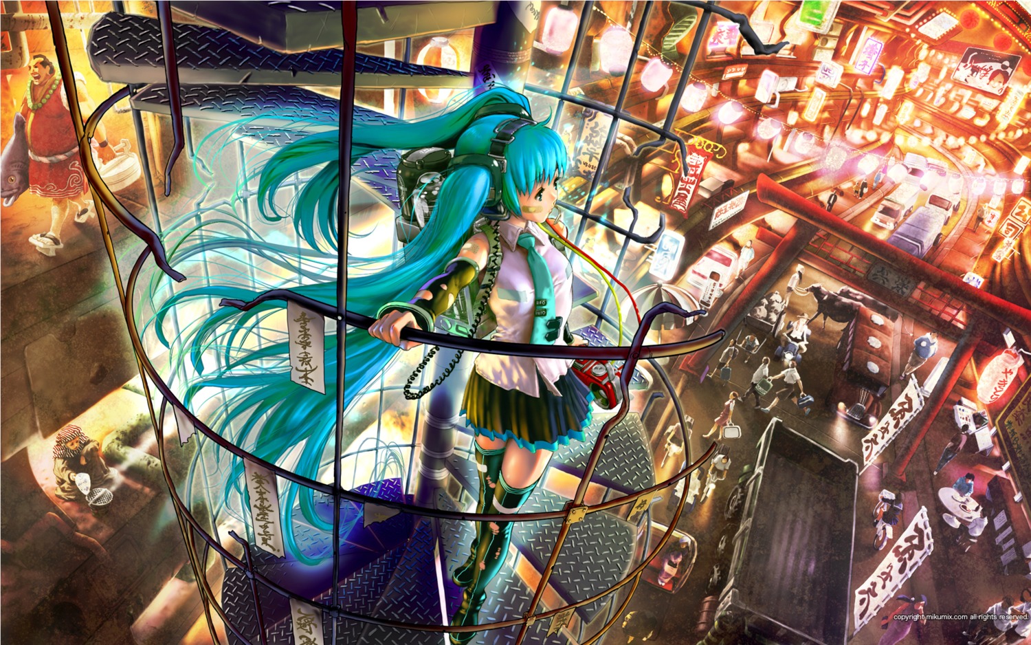 hatsune_miku, headphones, thighhighs, vocaloid, wallpaper, yasumori_zen