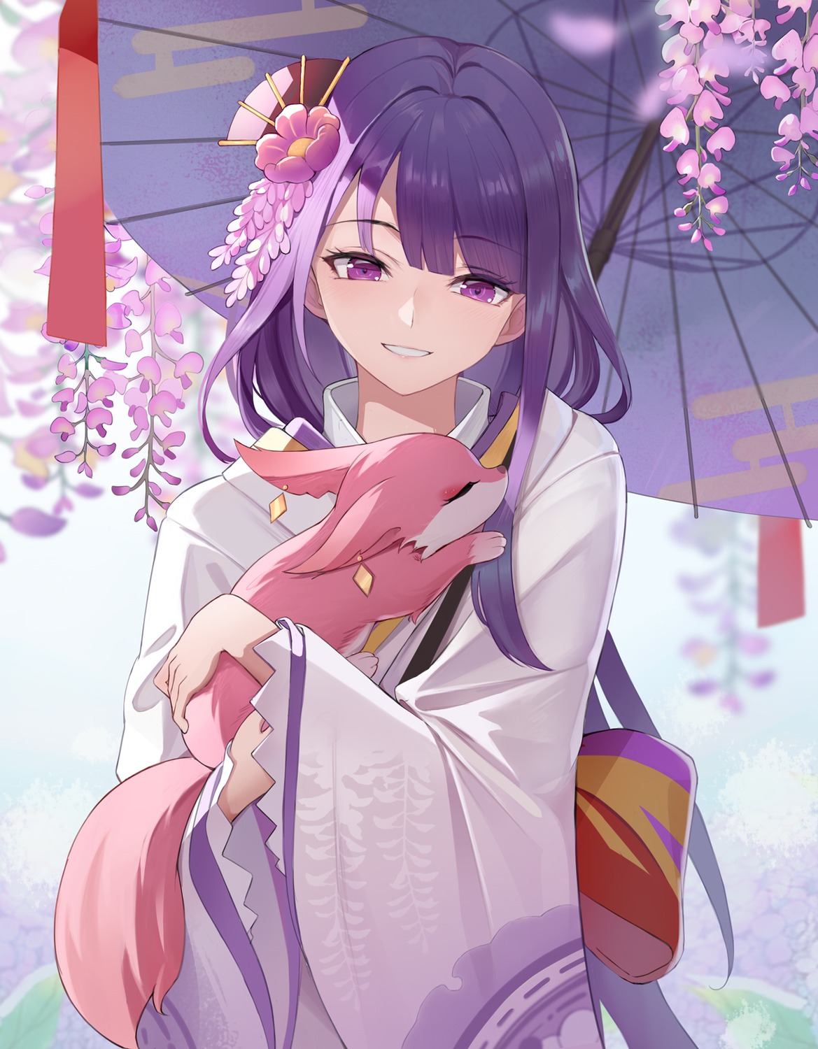 amco, genshin_impact, japanese_clothes, kitsune, raiden_makoto, umbrella, yae_miko