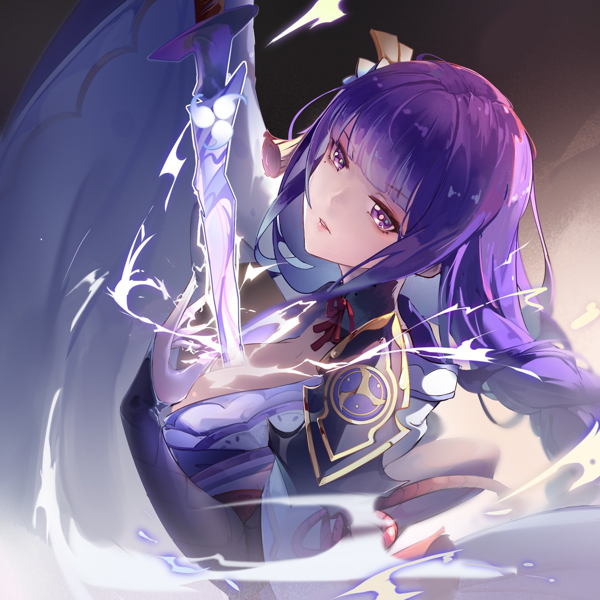 armor, cleavage, genshin_impact, japanese_clothes, maoao, no_bra, open_shirt, raiden_shogun