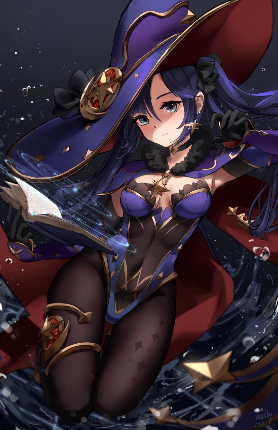garter, genshin_impact, leotard, meltyrice, mona_megistus, no_bra, pantyhose, witch