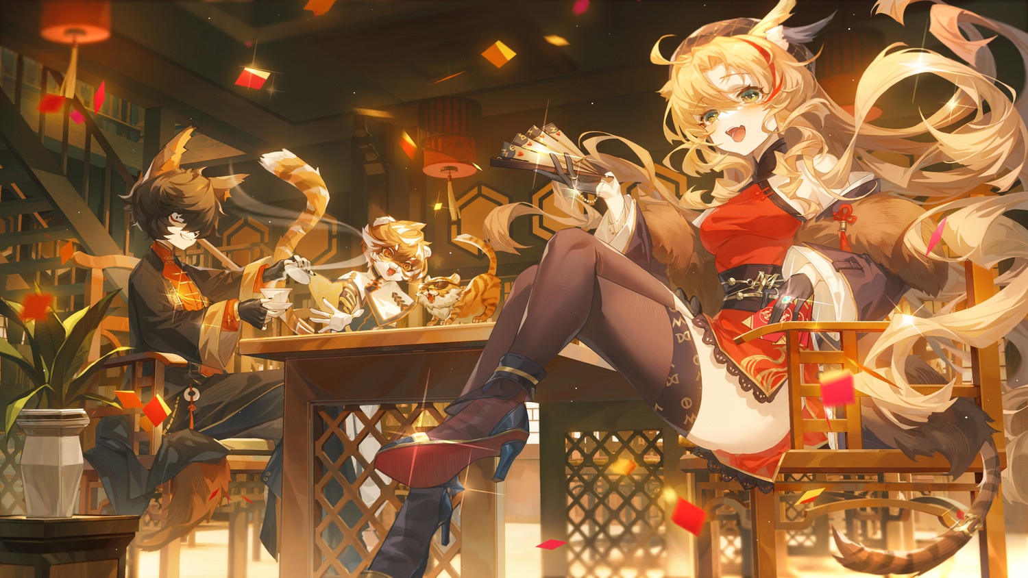 aak_(arknights), animal_ears, arknights, asian_clothes, heels, neko, swire_(arknights), tail, thighhighs, tuzhate, waai_fu_(arknights)