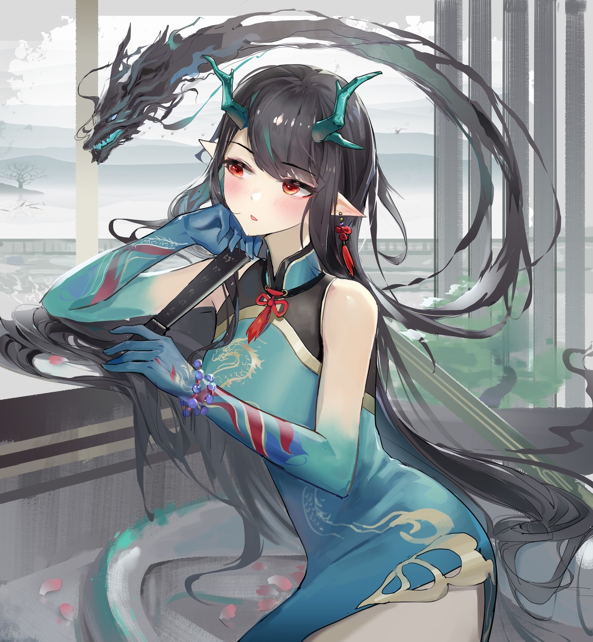 arknights, chinadress, dusk_(arknights), horns, mtzgd, pointy_ears, tail, tattoo