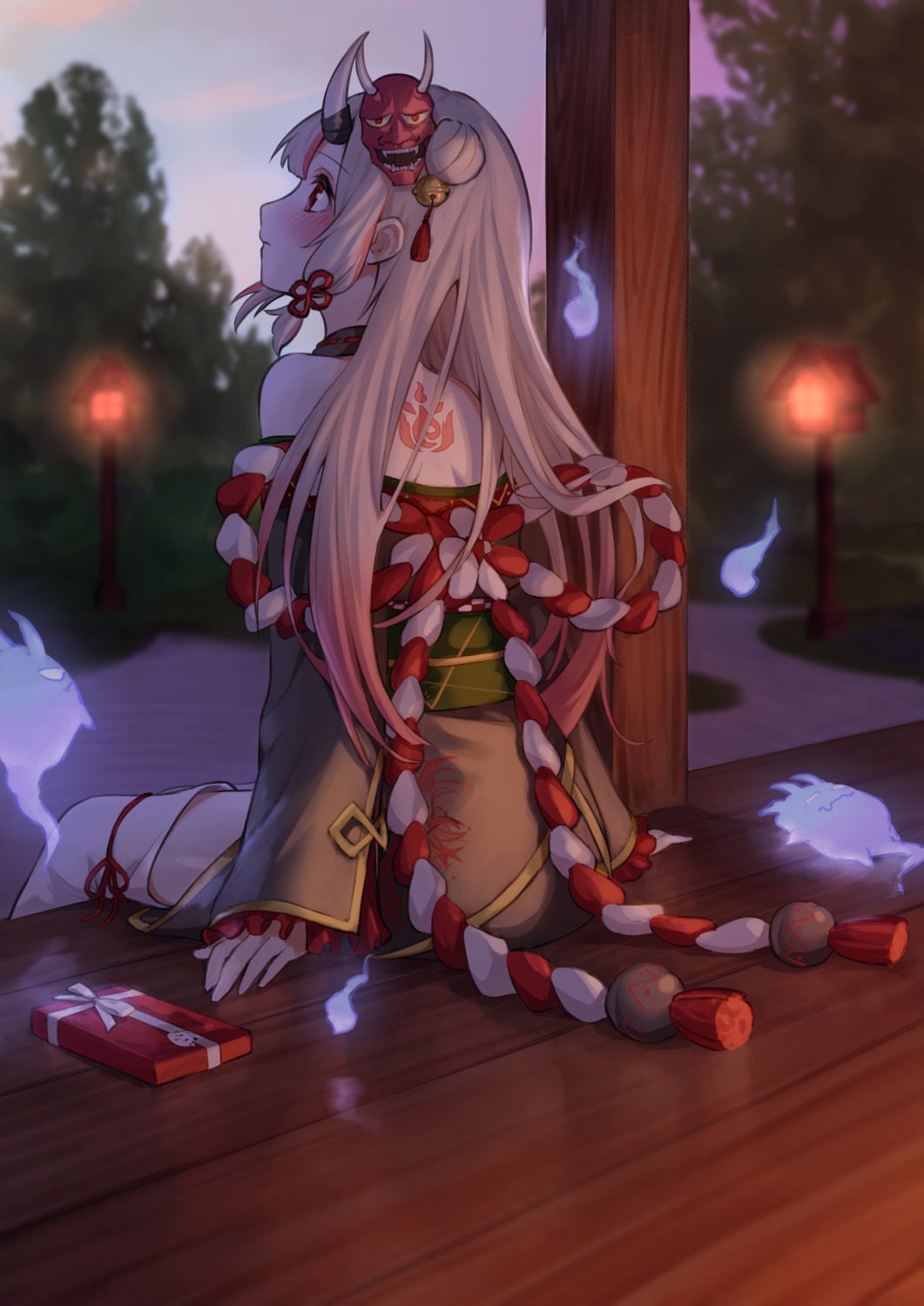 hololive, horns, japanese_clothes, nakiri_ayame, nemoto_yuuma, tattoo, thighhighs, valentine