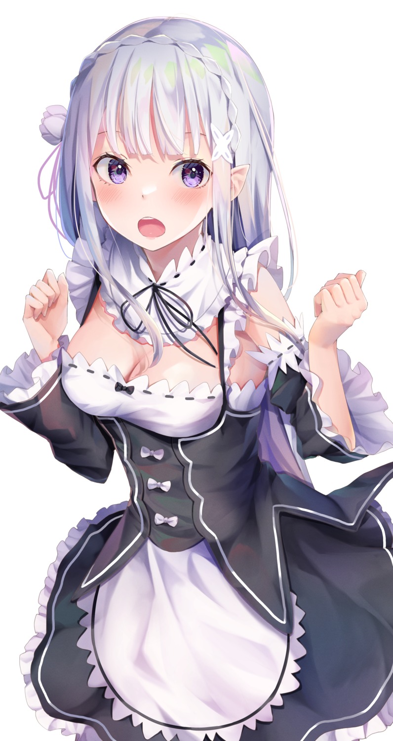 elf, emilia_(re_zero), maid, no_bra, pointy_ears, re:zero_kara_hajimeru_isekai_seikatsu, yuunamida_uyu