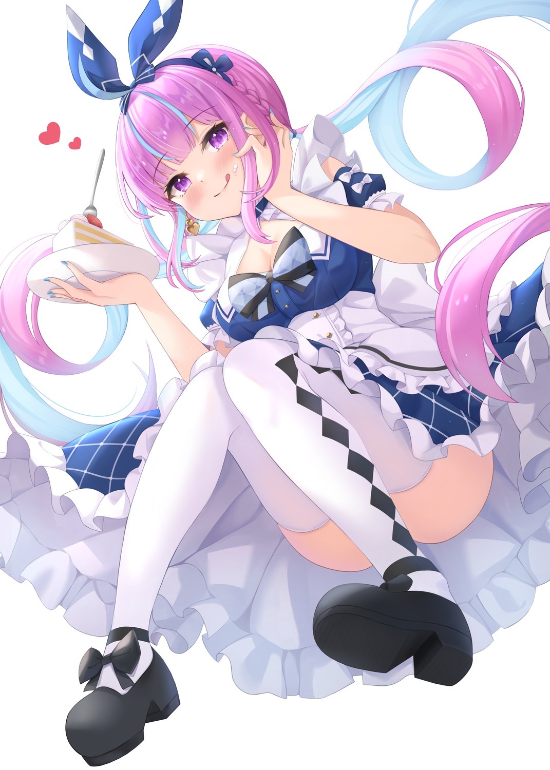 cleavage, cream, hololive, keikei, minato_aqua, skirt_lift, thighhighs