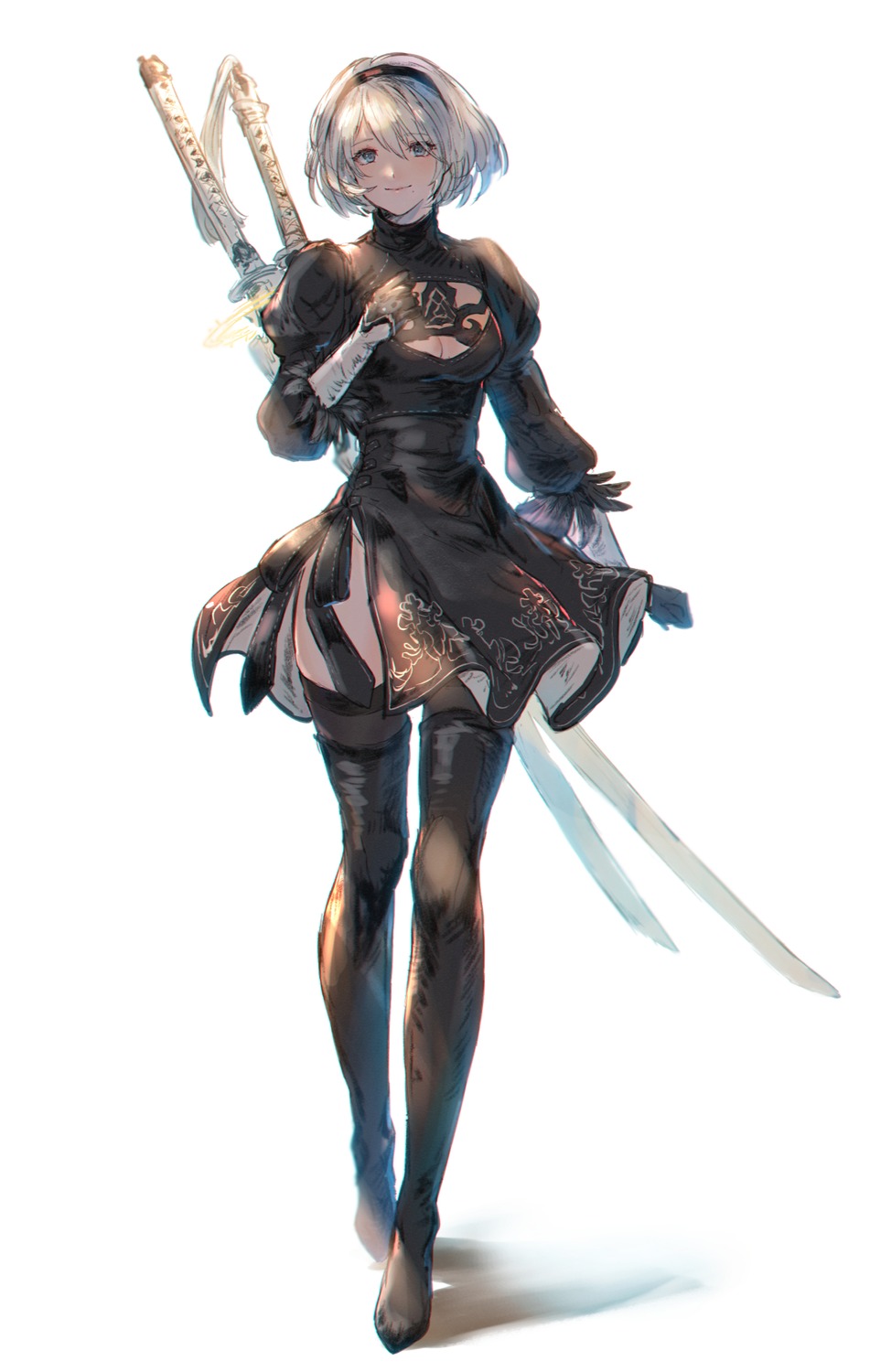 cleavage, dress, heels, nier, nier_automata, shimatani_azu, skirt_lift, sword, thighhighs, yorha_no.2_type_b