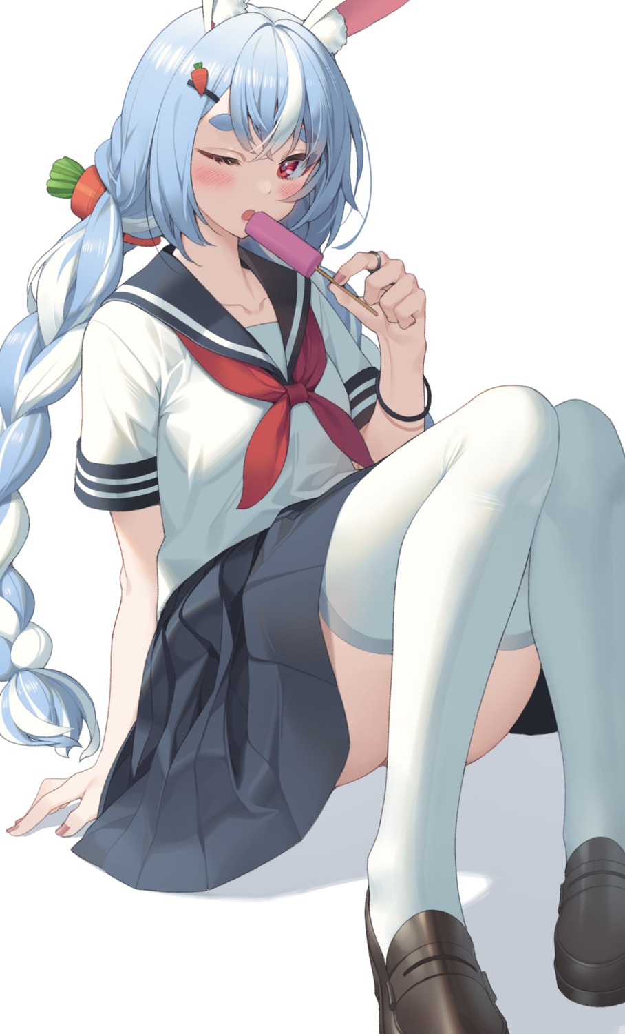 animal_ears, bunny_ears, hololive, hop3, seifuku, skirt_lift, thighhighs, usada_pekora
