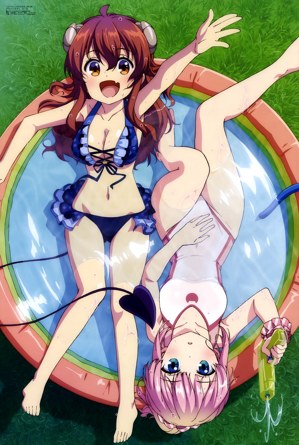 bikini, chiyoda_momo, cleavage, gun, horns, machikado_mazoku, satou_takamitsu, swimsuits, tail, wet, yoshida_yuuko_(machikado_mazoku)