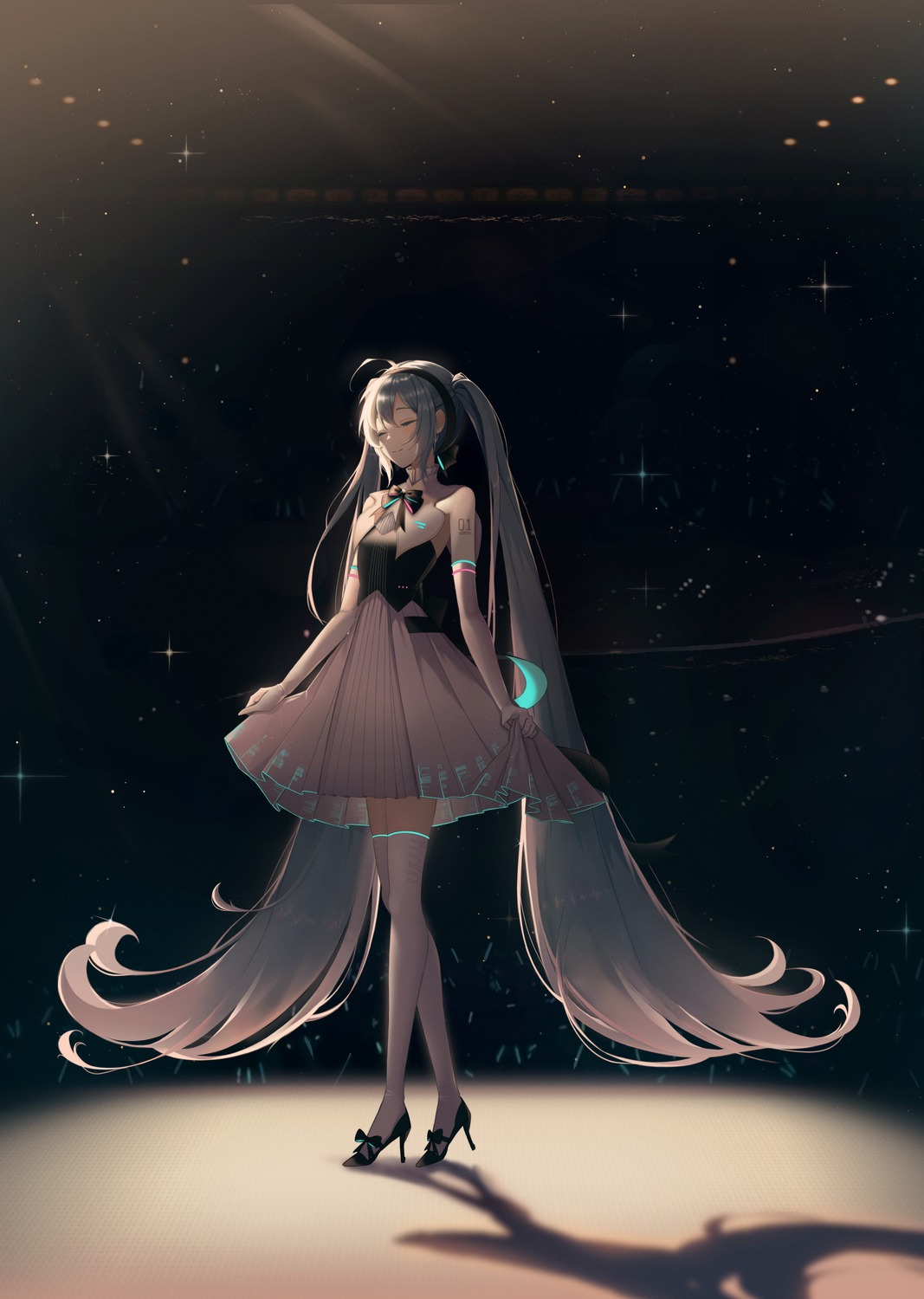 doongdang, dress, hatsune_miku, hatsune_miku_symphony, heels, tattoo, thighhighs, vocaloid