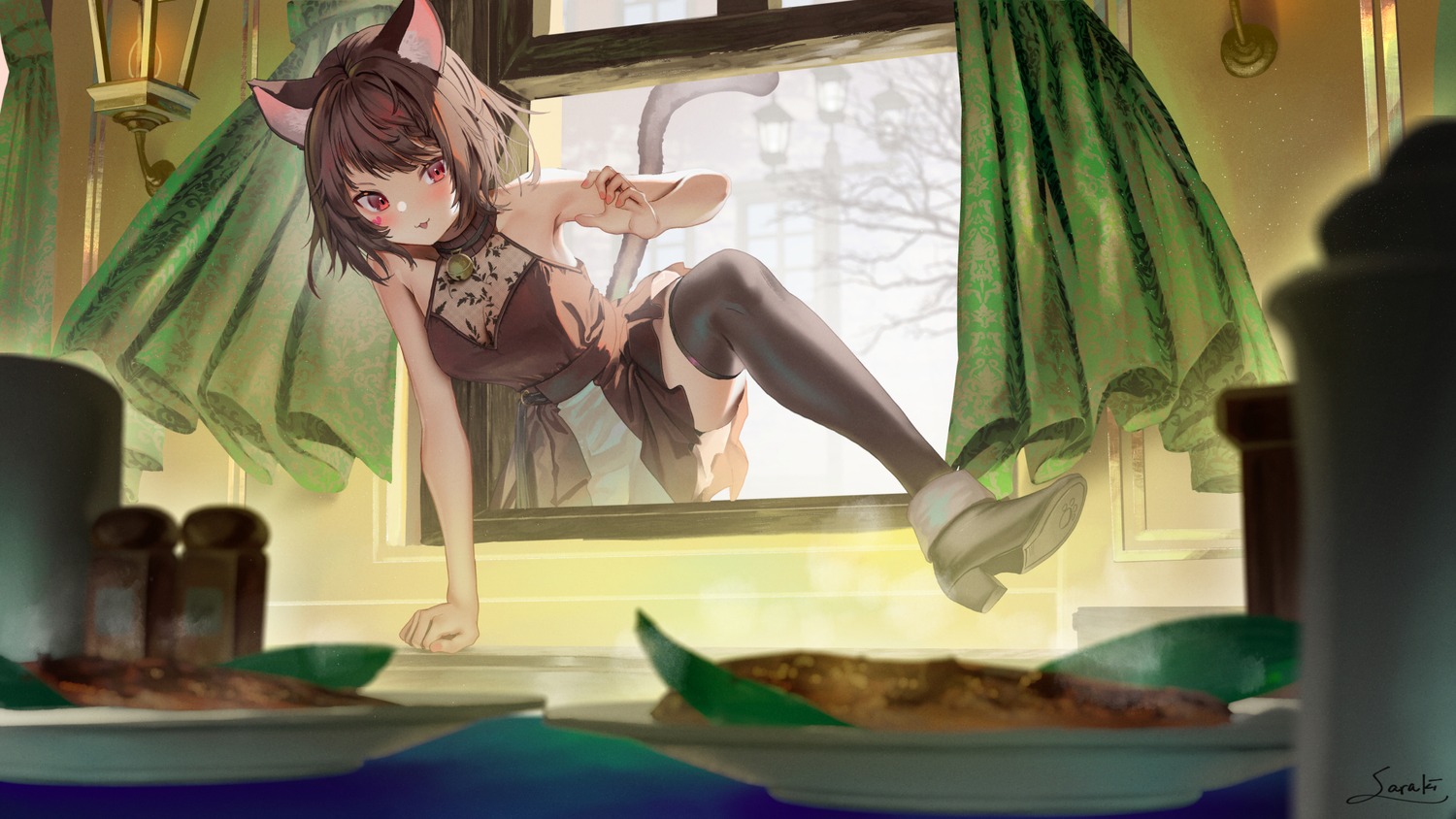 animal_ears, heels, nekomimi, saraki, tail, thighhighs, wallpaper