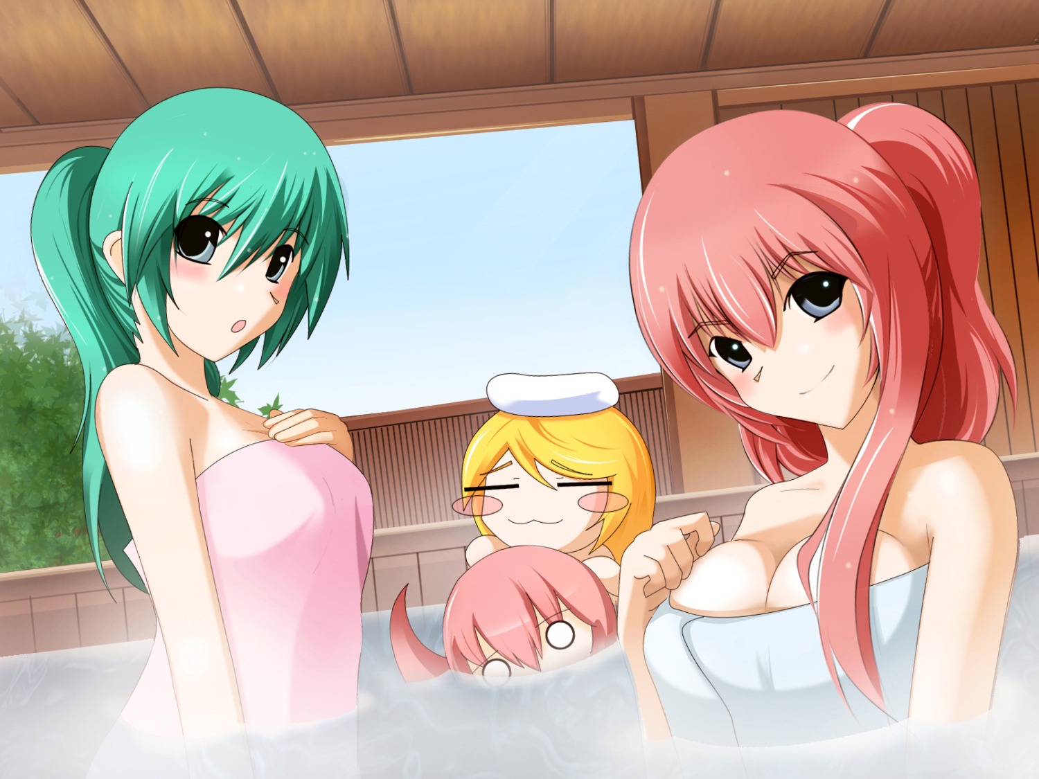 bathing, cleavage, hatsune_miku, kagamine_rin, megurine_luka, takoluka, towel, vocaloid