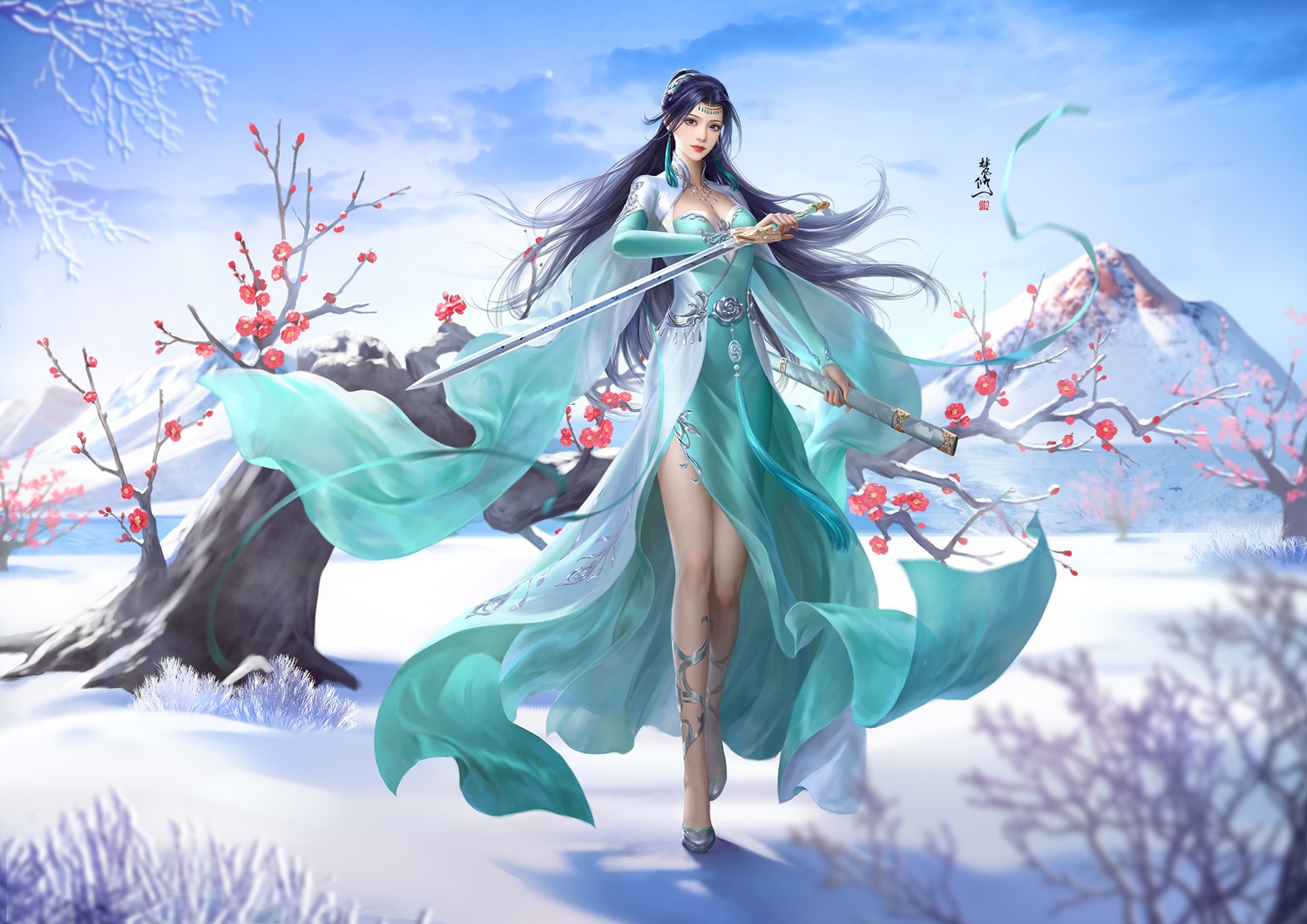 asian_clothes, battle_through_the_havens, cleavage, fan_xiu, sword, yunyun_(yunzhi)