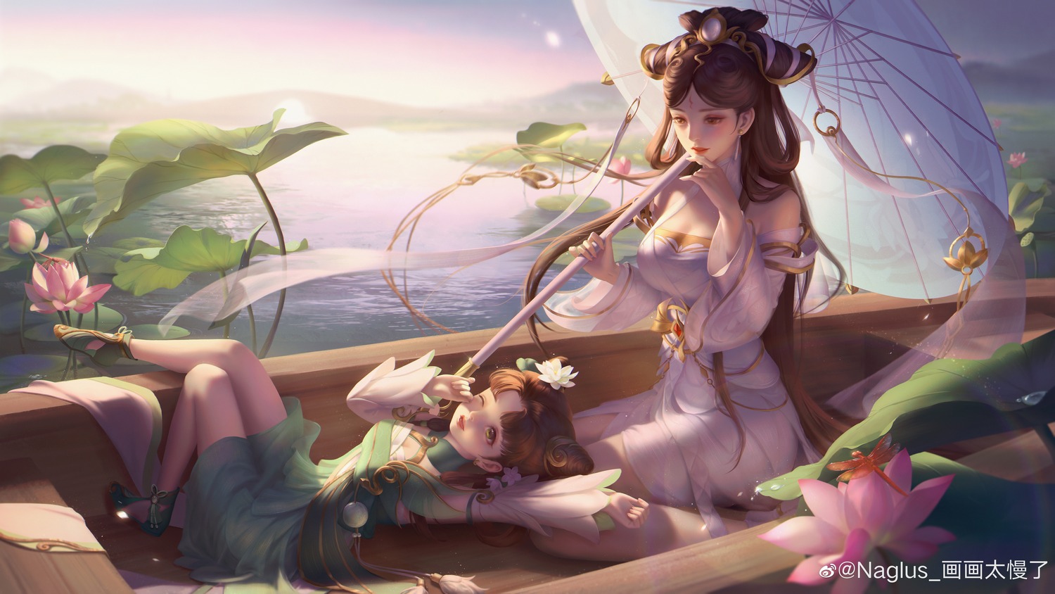 asian_clothes, da_qiao, honor_of_kings, naglus, no_bra, umbrella, watermark, xiao_qiao