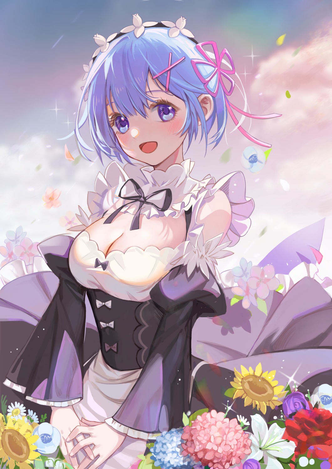 cleavage, haitu, maid, re:zero_kara_hajimeru_isekai_seikatsu, rem_(re_zero), skirt_lift