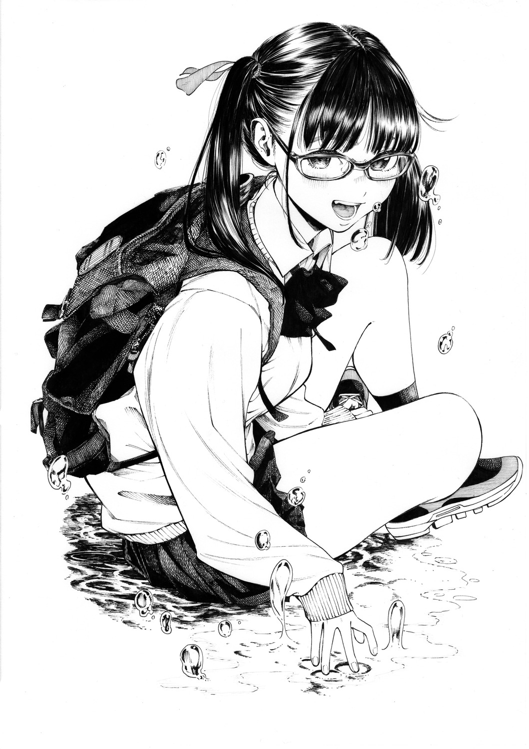 gagaimo, megane, monochrome, seifuku, sweater, wet