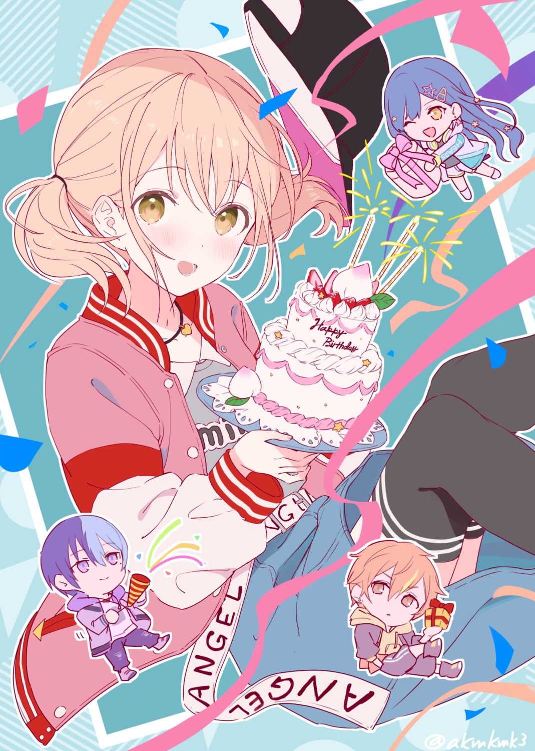 akamoku, aoyagi_touya, azusawa_kohane, chibi, project_sekai, shinonome_akito, shiraishi_an, thighhighs