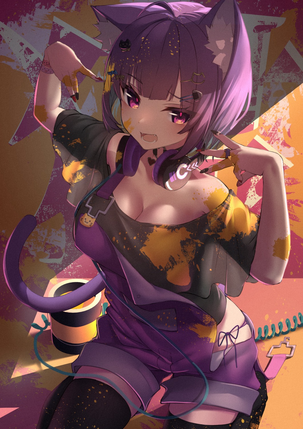 animal_ears, cleavage, headphones, hololive, hololive_gamers, inaba_teitoku, nekomata_okayu, nekomimi
