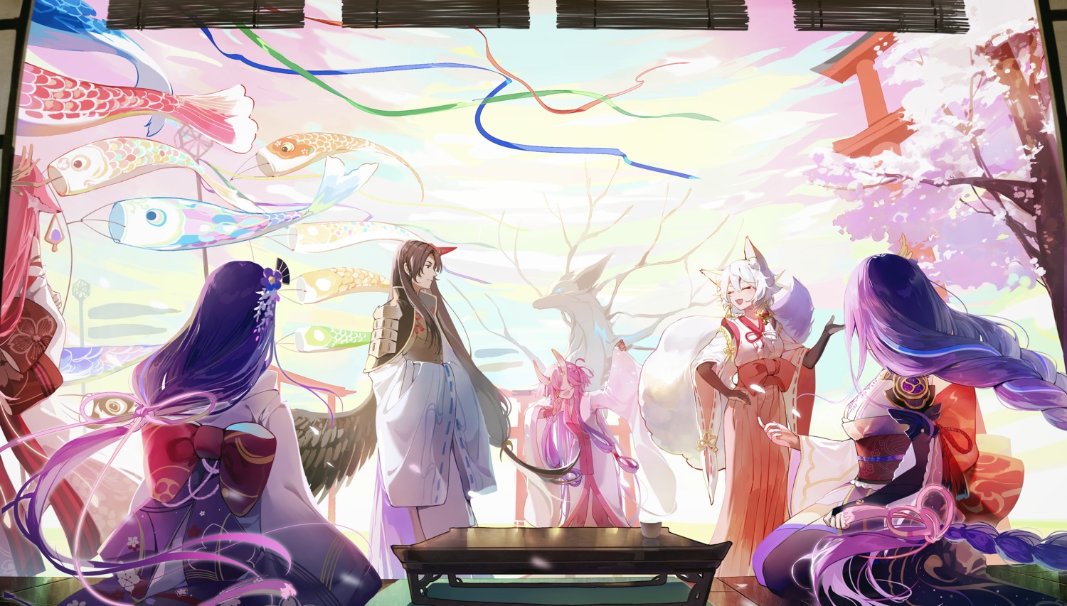 animal_ears, chiyo_(genshin_impact), genshin_impact, horns, japanese_clothes, kimono, kitsune, kitsune_saiguu, miko, raiden_makoto, raiden_shogun, sasayuri_(genshin_impact), stuko, wings, yae_miko