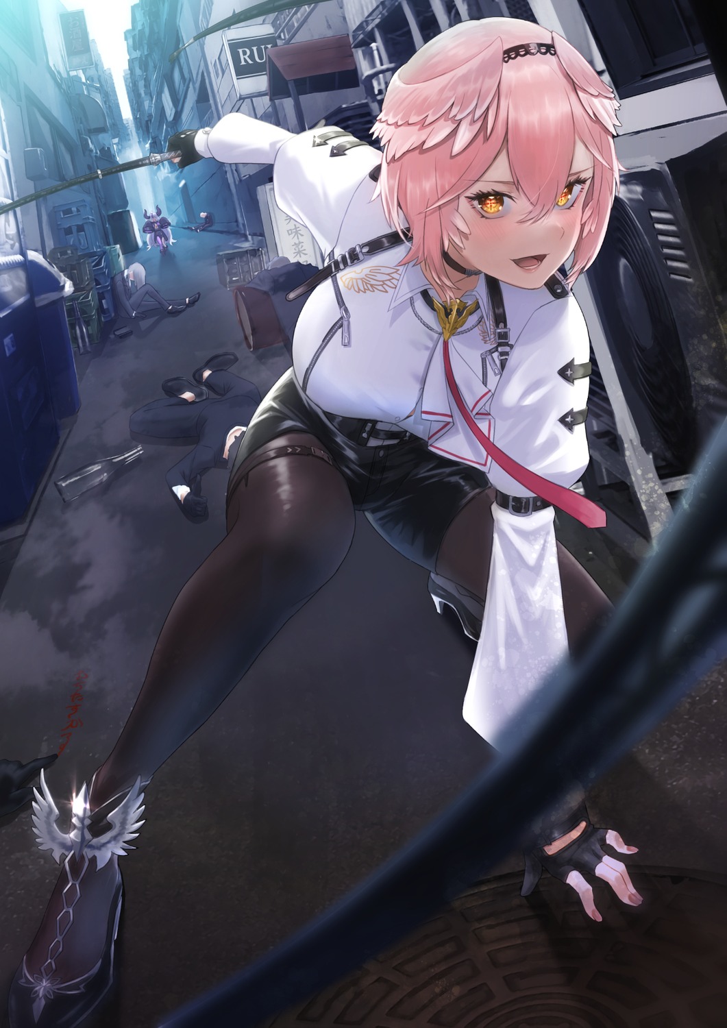 garter, heels, hololive, horns, la+_darknesss, pantyhose, takane_lui, uniform, weapon, wings, yanagino_(yanagino3)