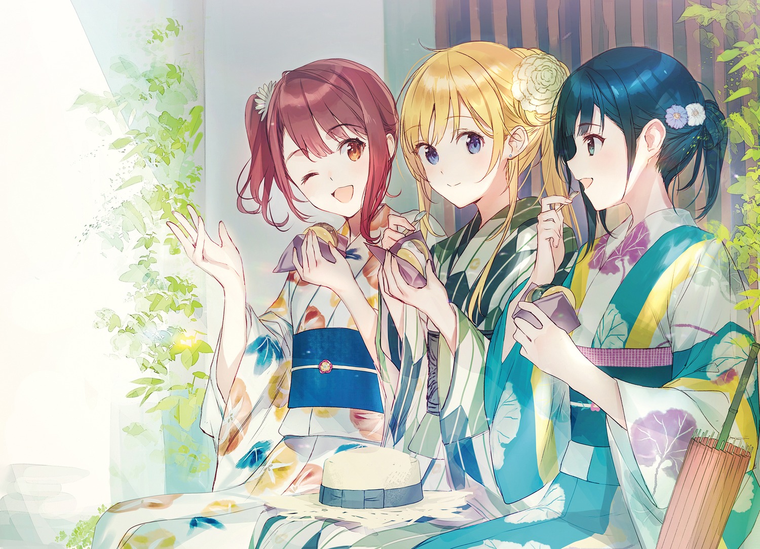 chitose-kun_wa_ramune_bin_no_naka, hiiragi_yuuko, nanase_yuzuki, raemz, umbrella, yukata